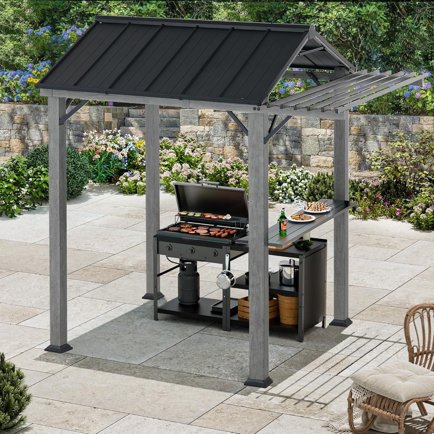 FONA Grill Gazebo 6' x 8' with Galvanized Steel Roof and Pergola Extension, BBQ Gazebo with UV Blocking & Waterproof Design, Grill Canopy with Shelves, Rust-Resistant, Transfer Gray