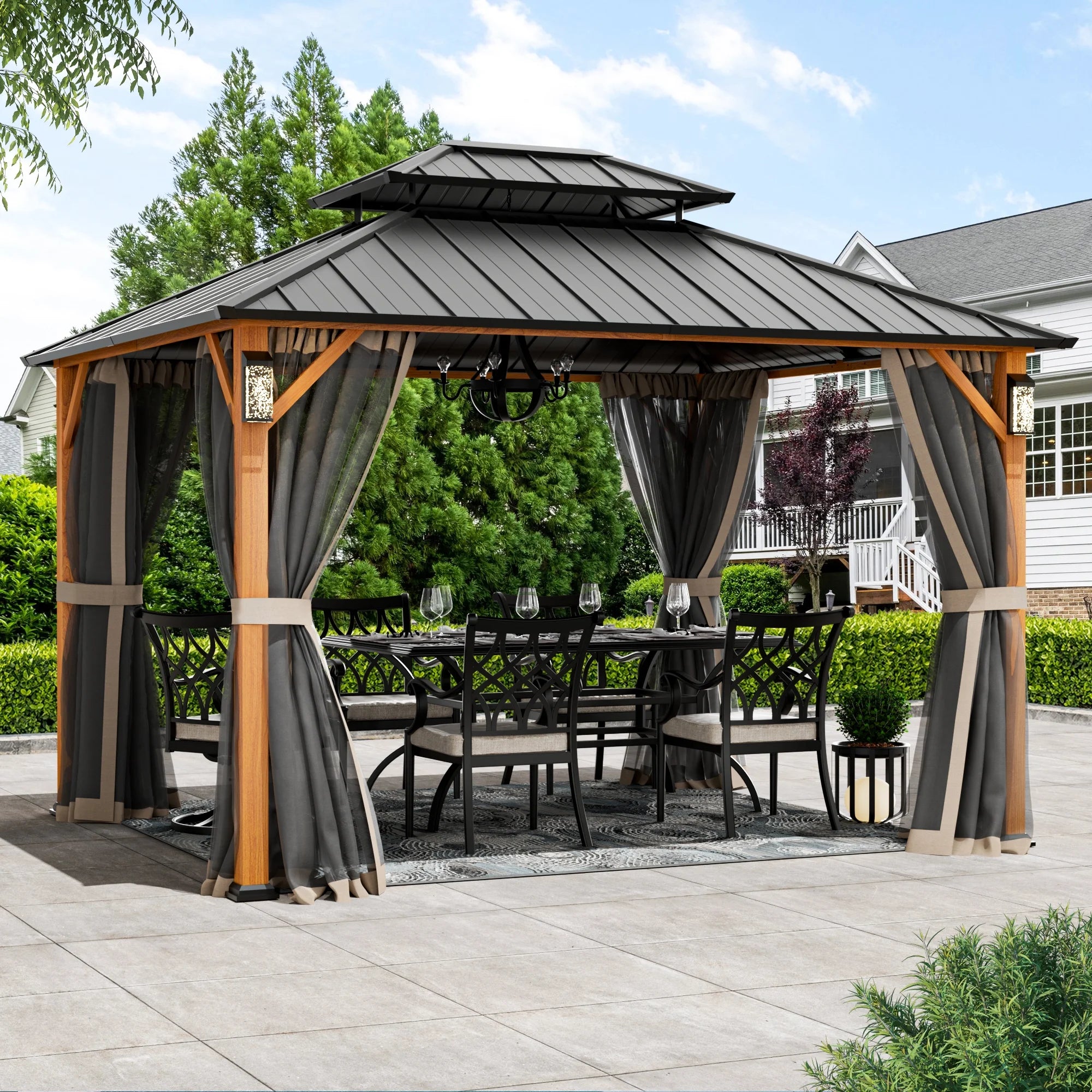 FONA Modern Shade 10'x12' Wood-Look Hardtop Gazebo with LED Lights,Double Roof & Netting
