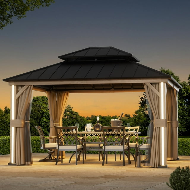 FONA 12'x14' Aluminum Hardtop Gazebo with LED Lights,Netting,Curtains & USB Port,Brown