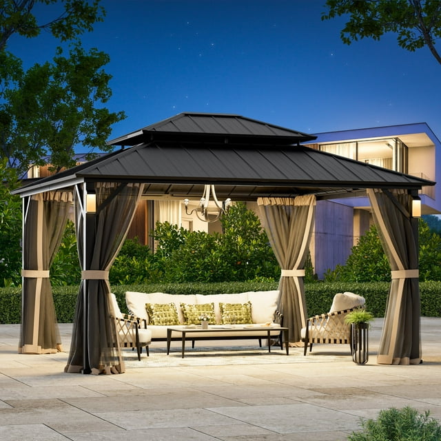 FONA 12'x14' Permanent Hardtop Gazebo with LED Lights,Netting & Hooks,Black