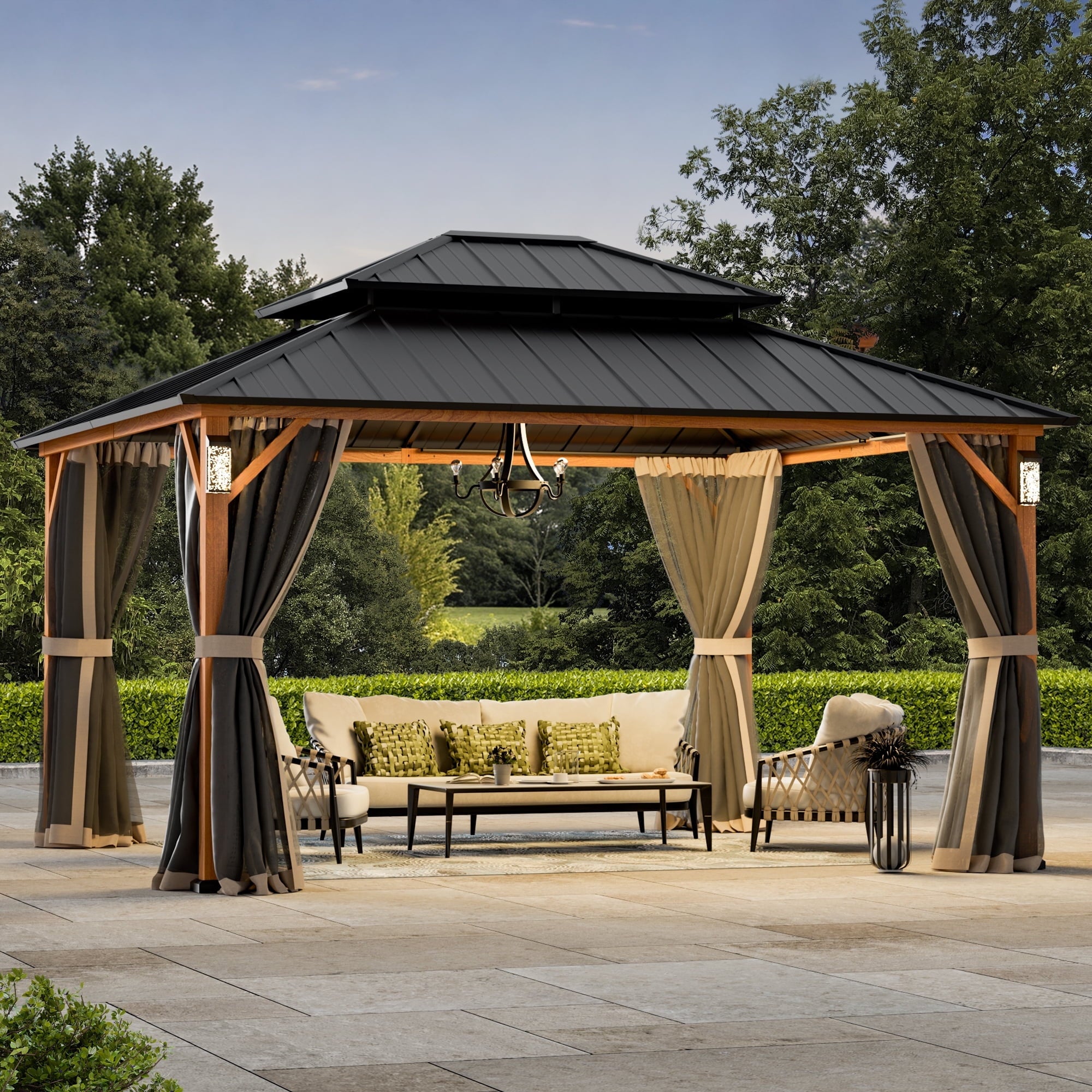 FONA 12'x14' Wood-Look Hardtop Gazebo with LED Lights,Patio Pavilion,Netting & Hooks