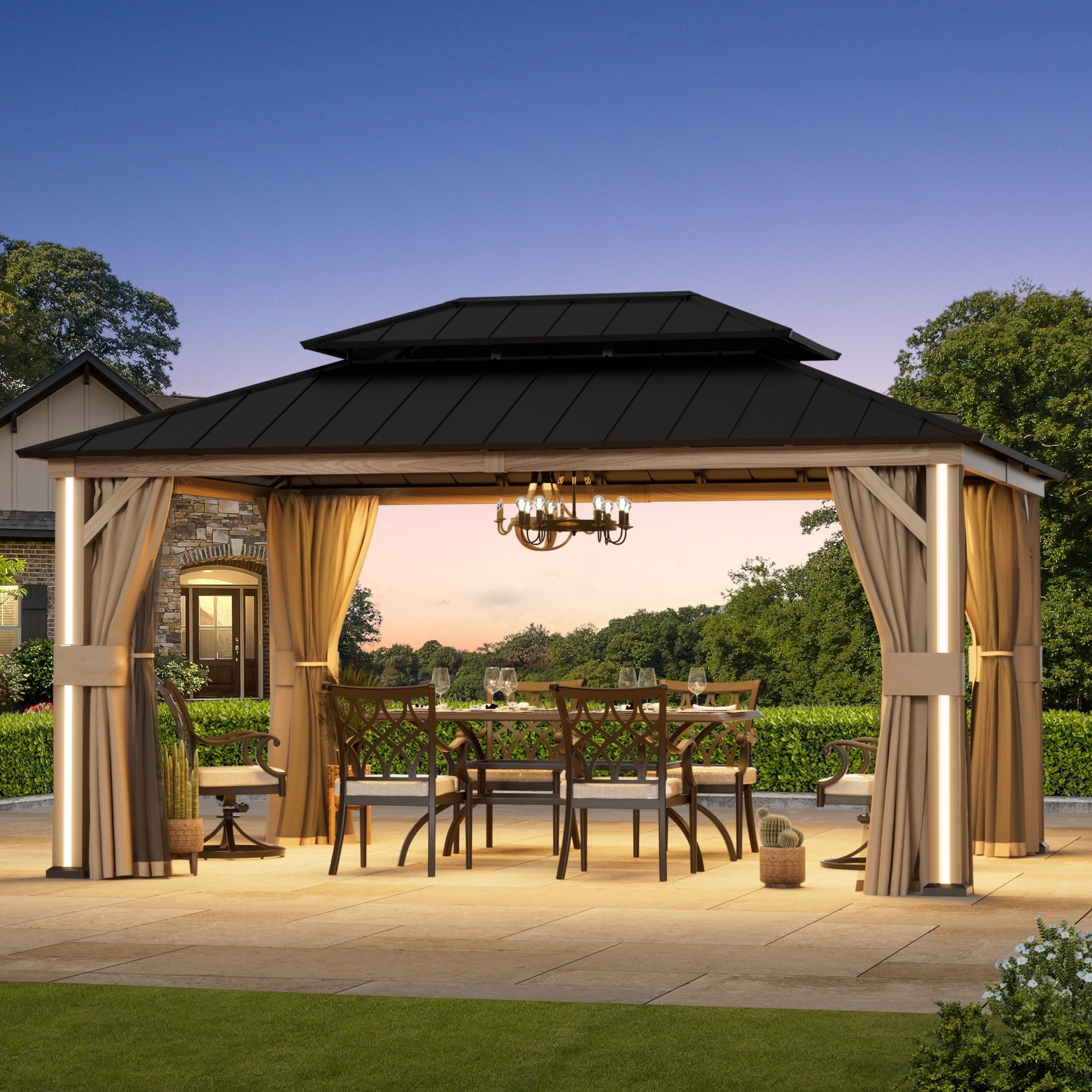 FONA 12'x16' Permanent Hardtop Gazebo,Aluminum Frame & Double Roof,LED Lights,Brown