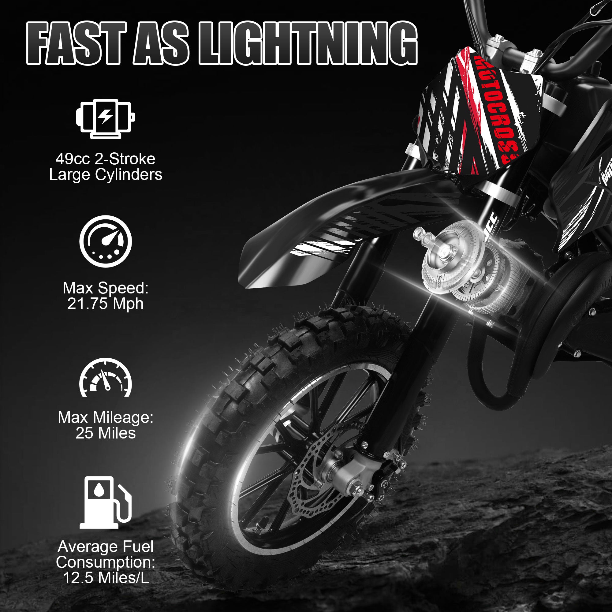 Ktoebyco 49cc Kids Mini Dirt Bike, 2-Stroke Gas-Powered Motorcycle, 1.5L Fuel Capacity, Black