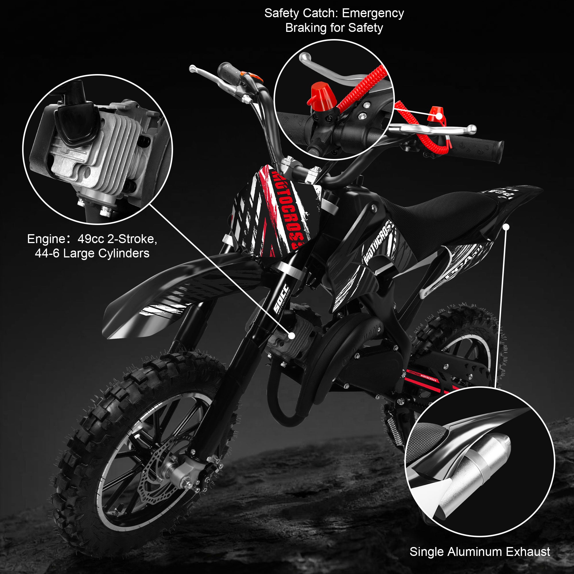 Ktoebyco 49cc Kids Mini Dirt Bike, 2-Stroke Gas-Powered Motorcycle, 1.5L Fuel Capacity, Black