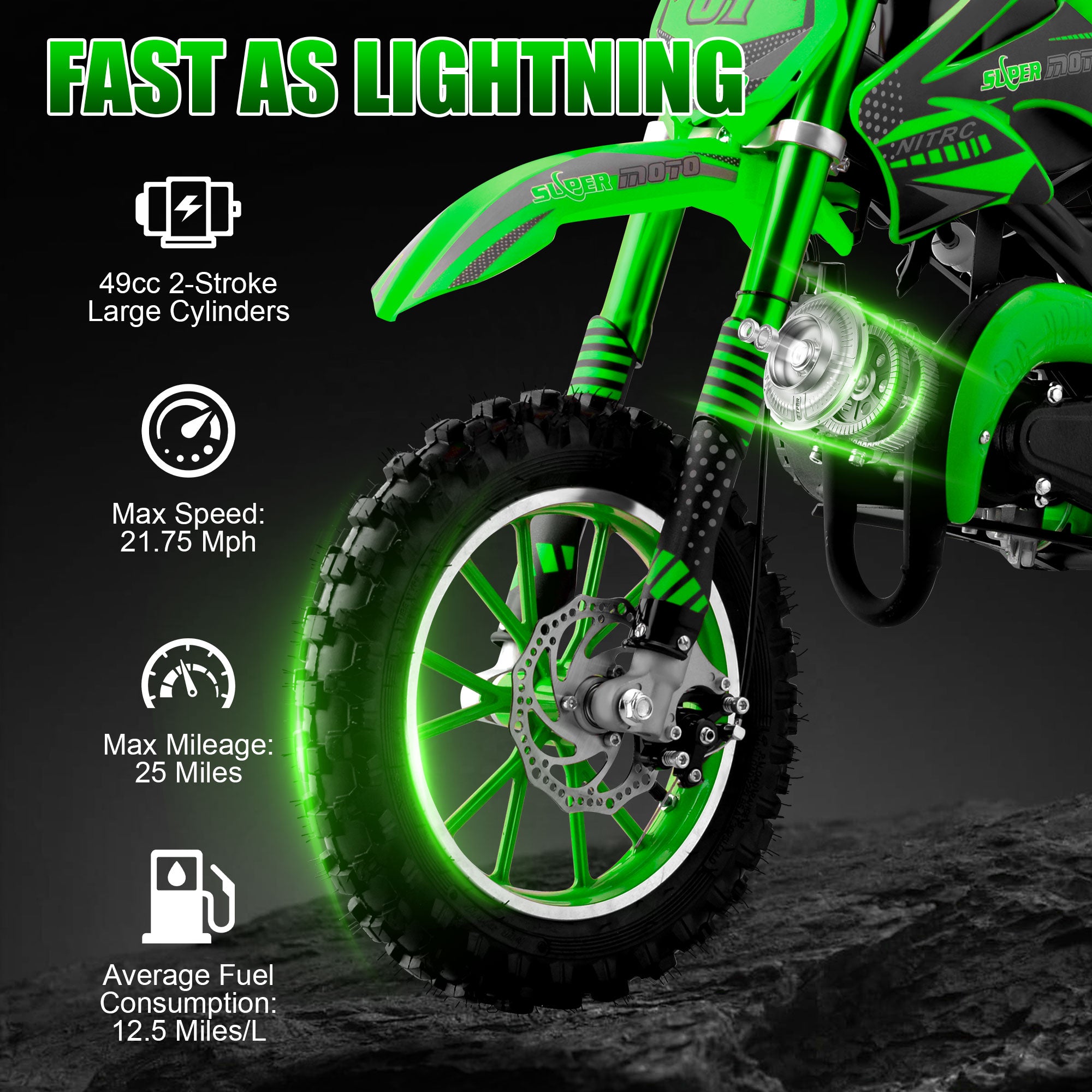 Epicord 50cc Kid Dirt Bike,2-Stroke Gas Mini Bike for Kids 8-14 Shock Absorption,Pull Start,Max Speed 40 MPH, 160 lb Capacity,Green