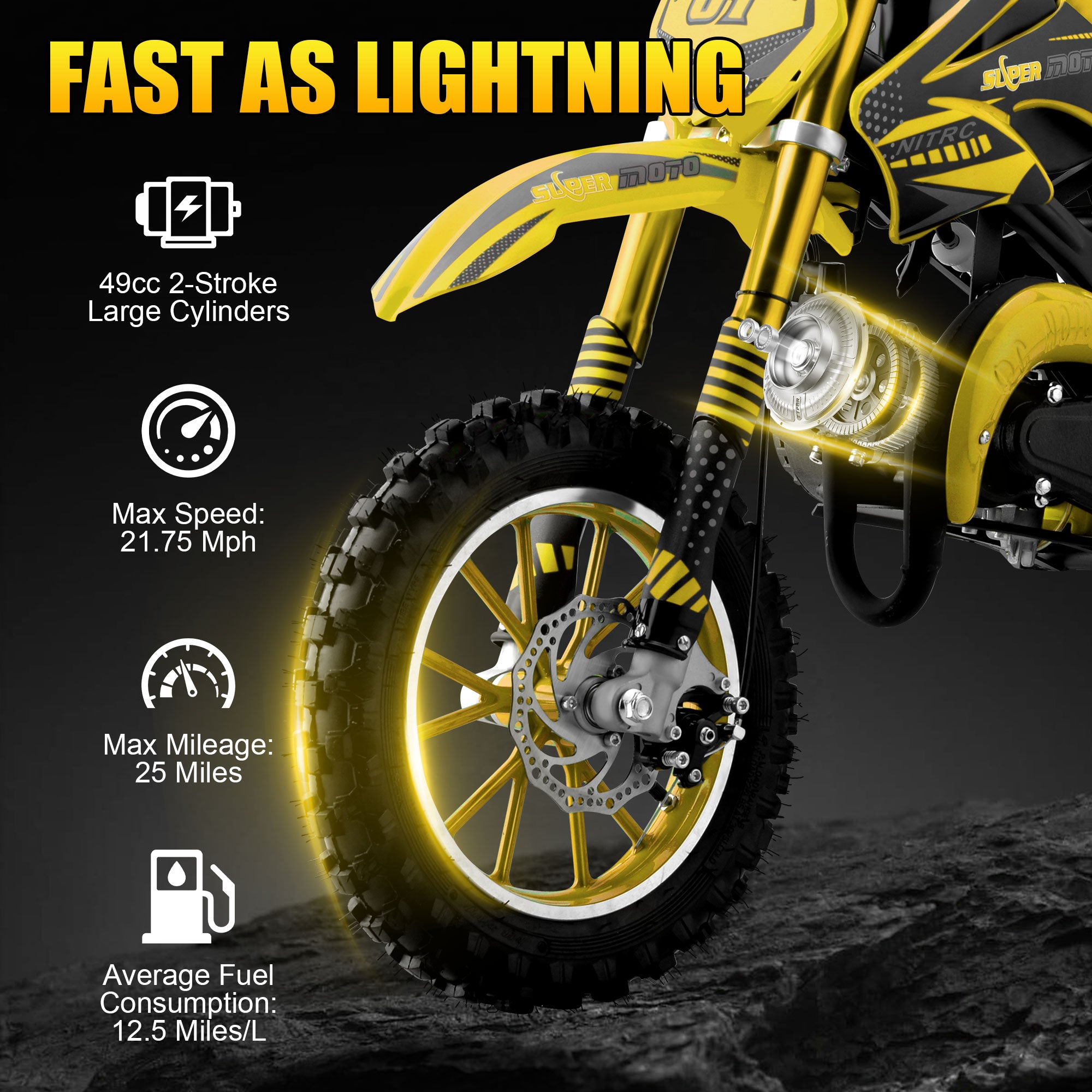 Ktoebyco 49cc Kids Dirt Bike, Gasoline Powered 2-Stroke Mini Motorcycle, 1-Seater, 1.5L Fuel Capacity, Yellow
