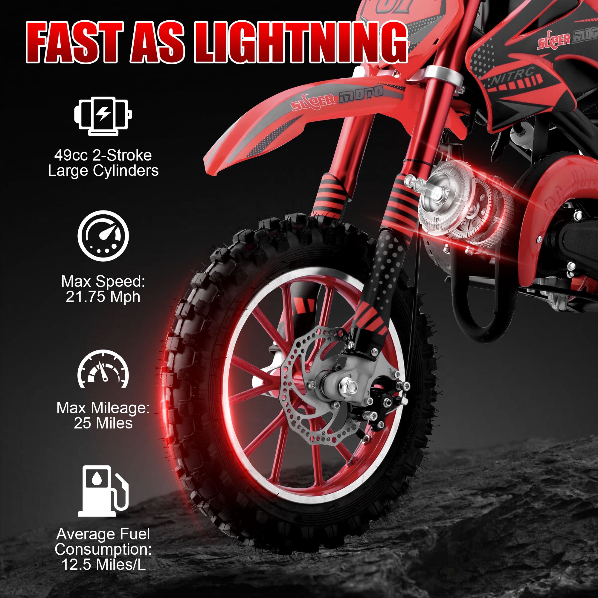 Ktoebyco 49cc Kids Dirt Bike, Gasoline Powered 2-Stroke Mini Motorcycle, 1-Seater, 1.5L Fuel Capacity, Red