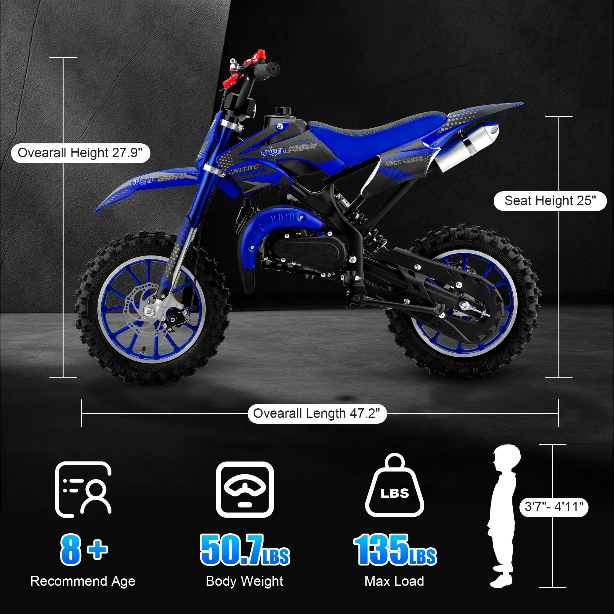 Gpower Gasoline 49cc Dirt Bike for Kids 6-15,2-Stroke off Road Motorized Dirt Bike,Blue