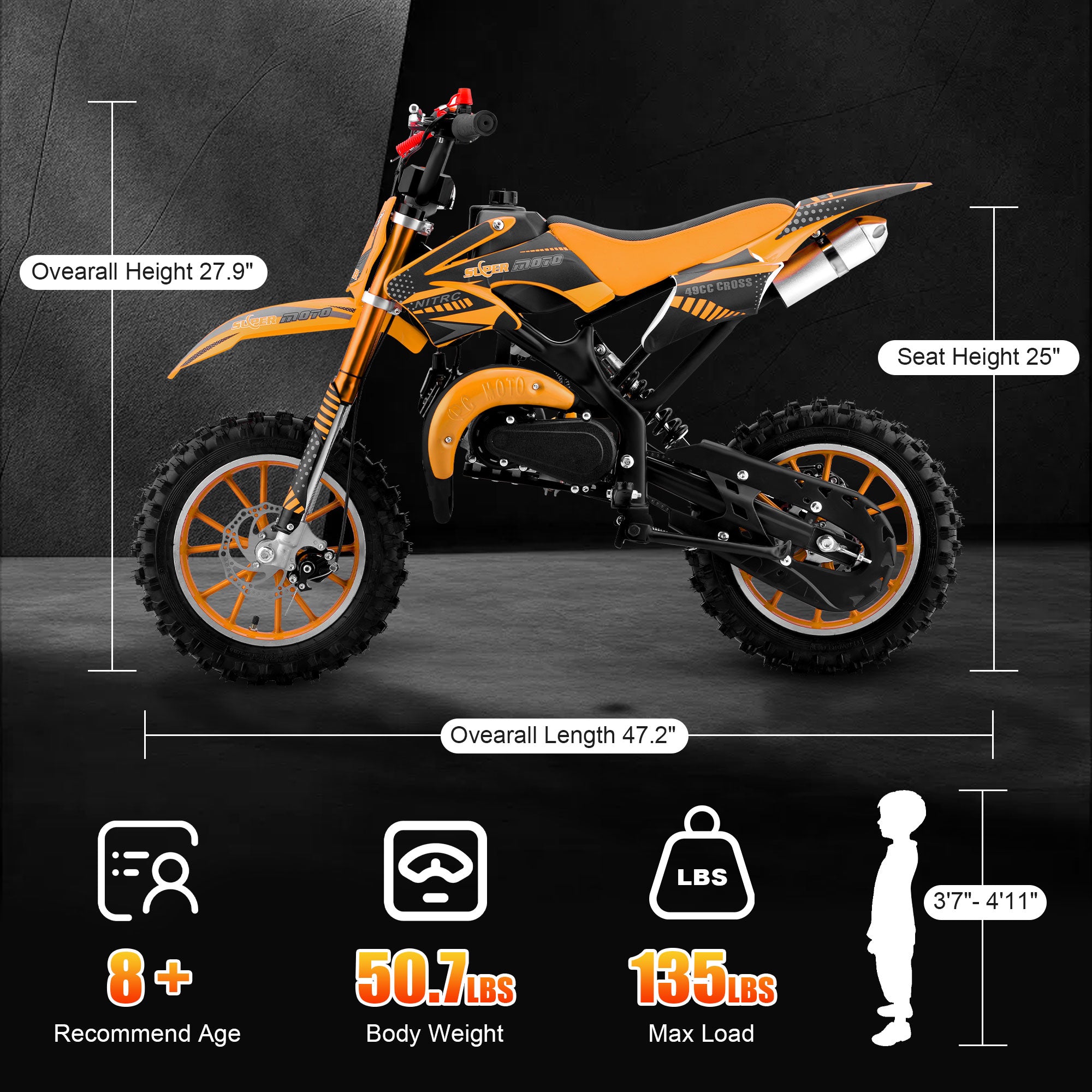 Ktoebyco 49cc Mini Dirt Bike for Kids, 2-Stroke off Road Gasoline Motorcycle,1.5L Fuel Capacity,Orange
