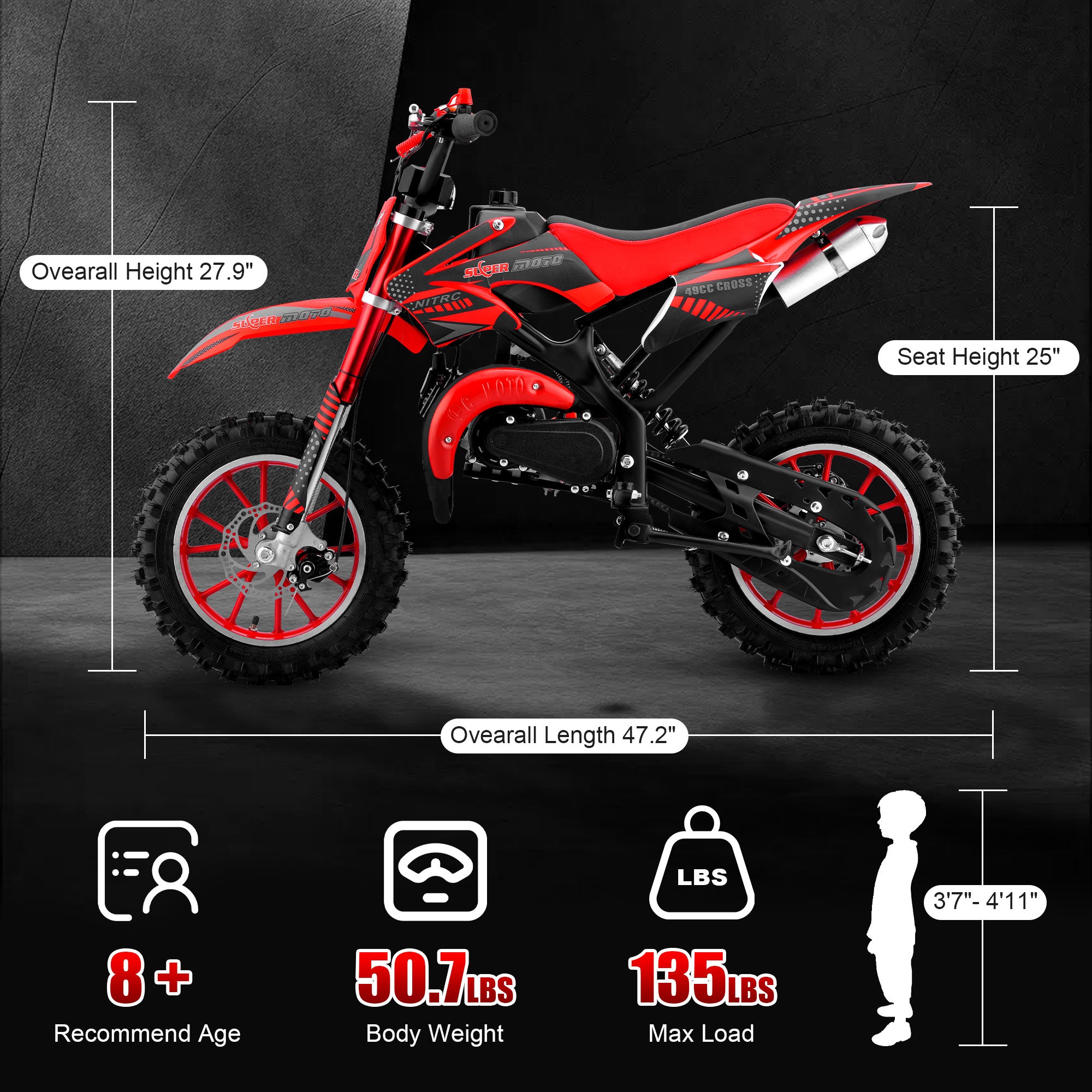Gpower Gasoline 49cc Dirt Bike for Kids 6-15,2-Stroke off Road Motorized Dirt Bike,Red