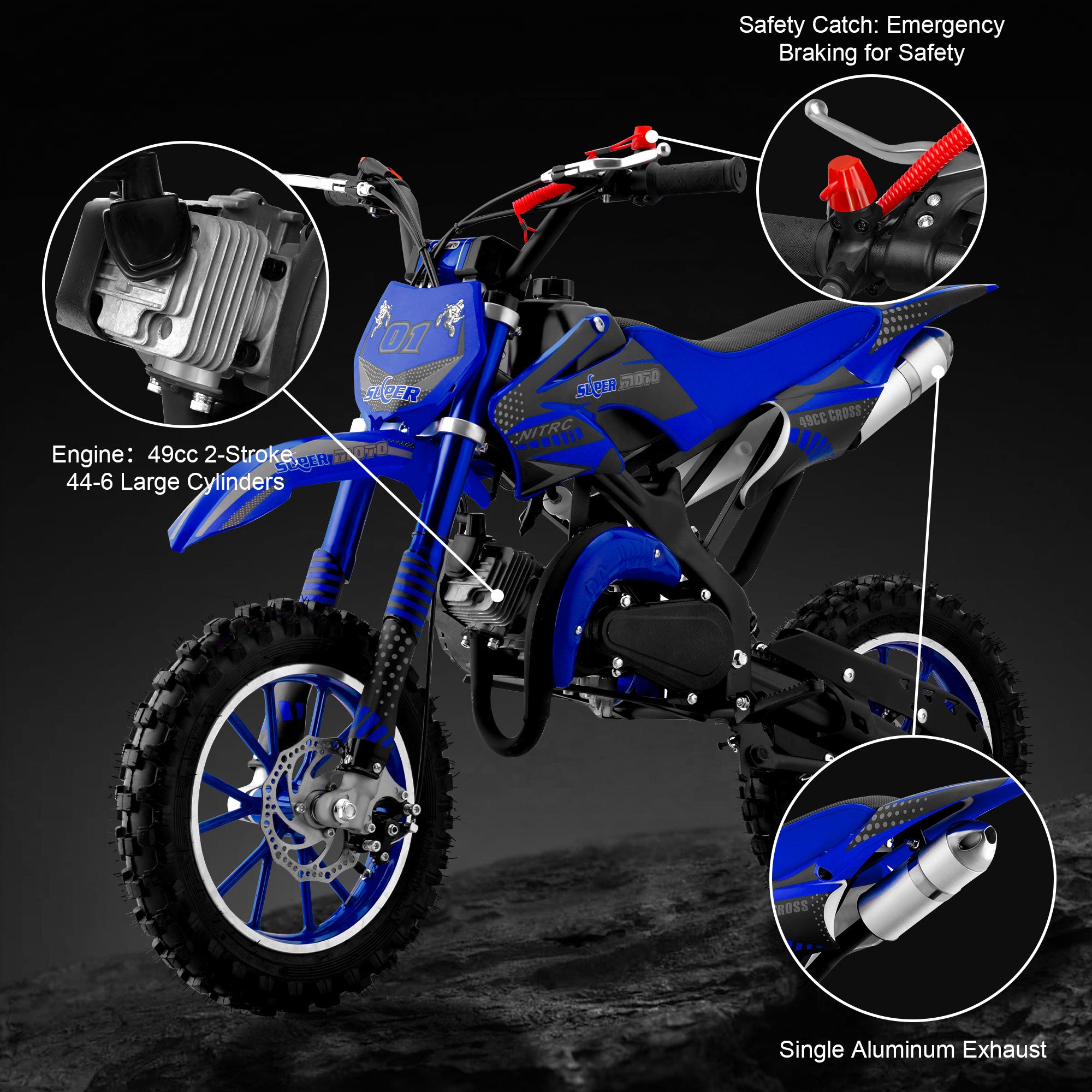 Gpower Gasoline 49cc Dirt Bike for Kids 6-15,2-Stroke off Road Motorized Dirt Bike,Blue