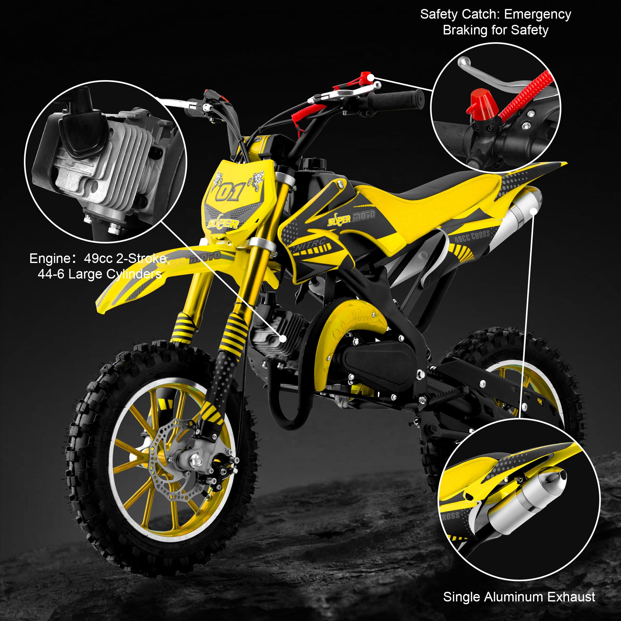 Gpower Gasoline 49cc Dirt Bike for Kids 6-15,2-Stroke off Road Motorized Dirt Bike,Yellow