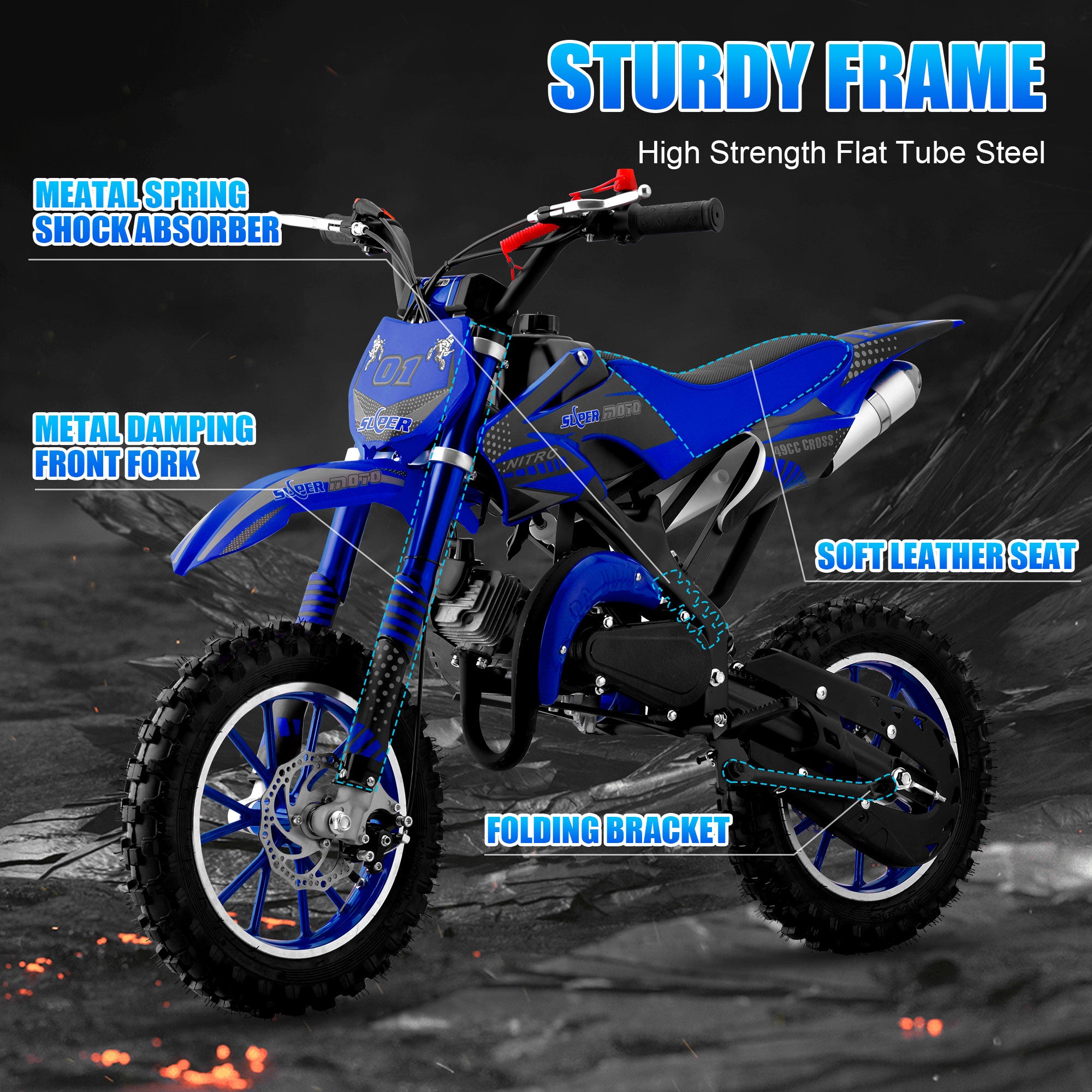 Gpower Gasoline 49cc Dirt Bike for Kids 6-15,2-Stroke off Road Motorized Dirt Bike,Blue
