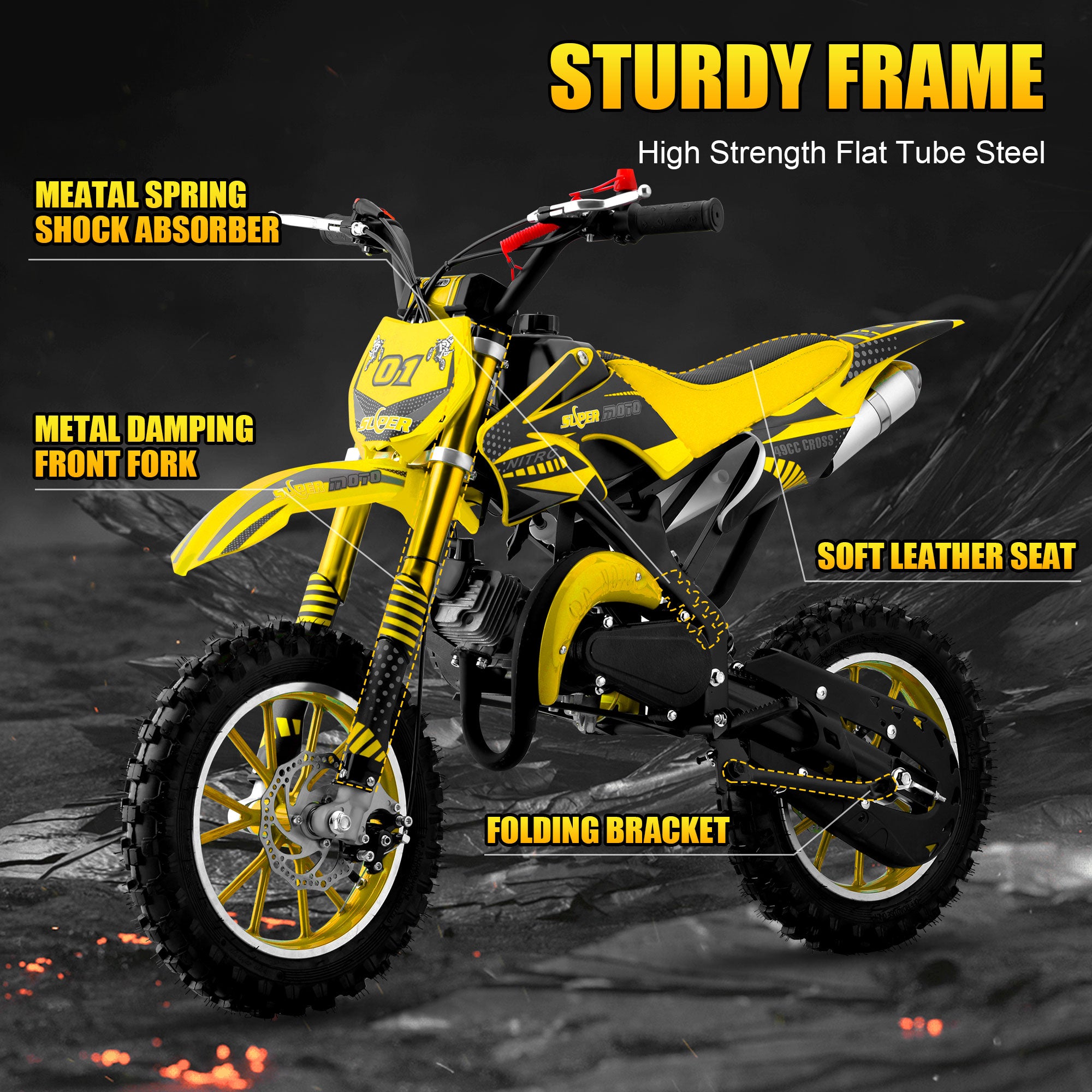 Gpower Gasoline 49cc Dirt Bike for Kids 6-15,2-Stroke off Road Motorized Dirt Bike,Yellow