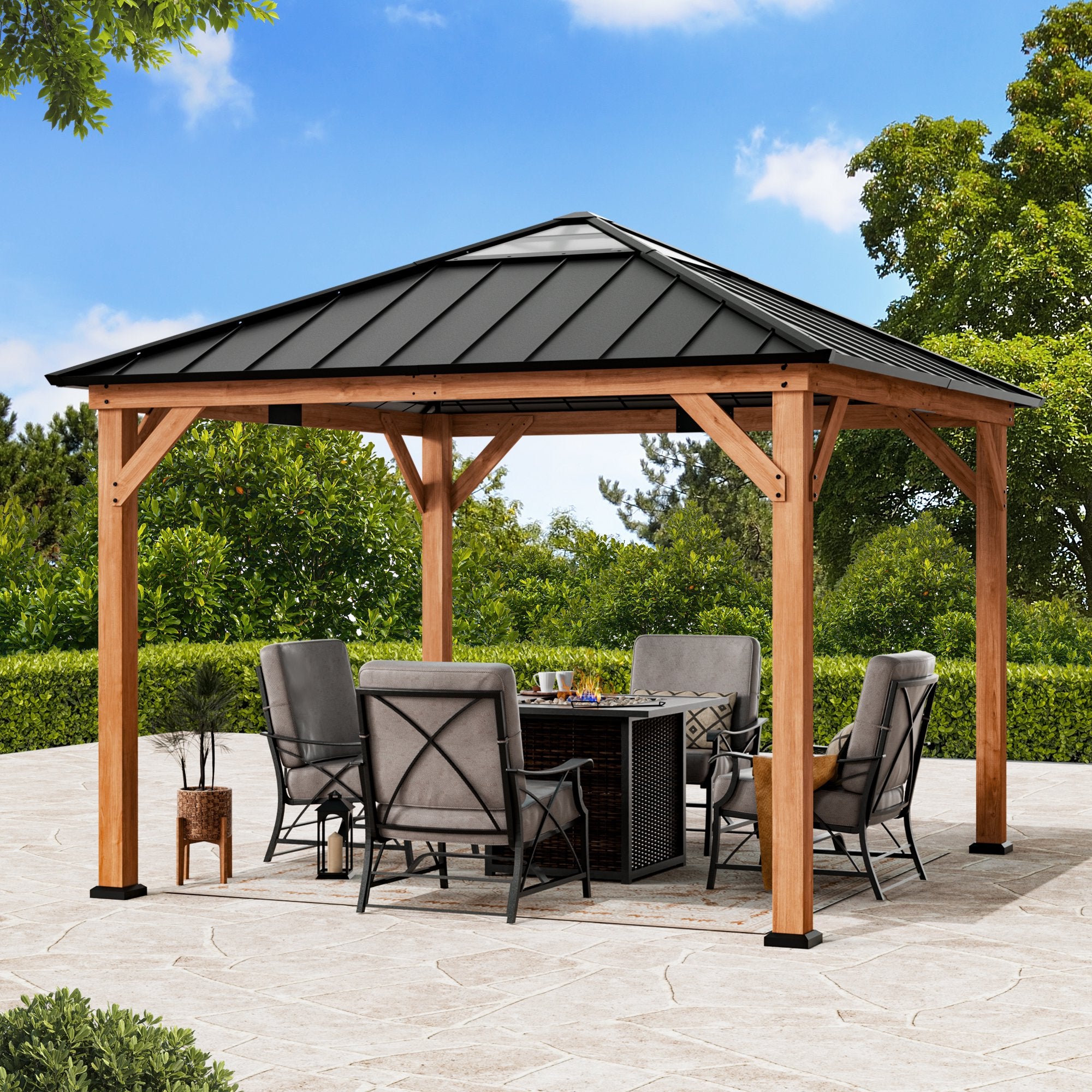 Modern Shade 11x11 Wood Gazebo,Permanent Hardtop Gazebo with Sunshine Board,with Galvanized Steel Roof Hardtop