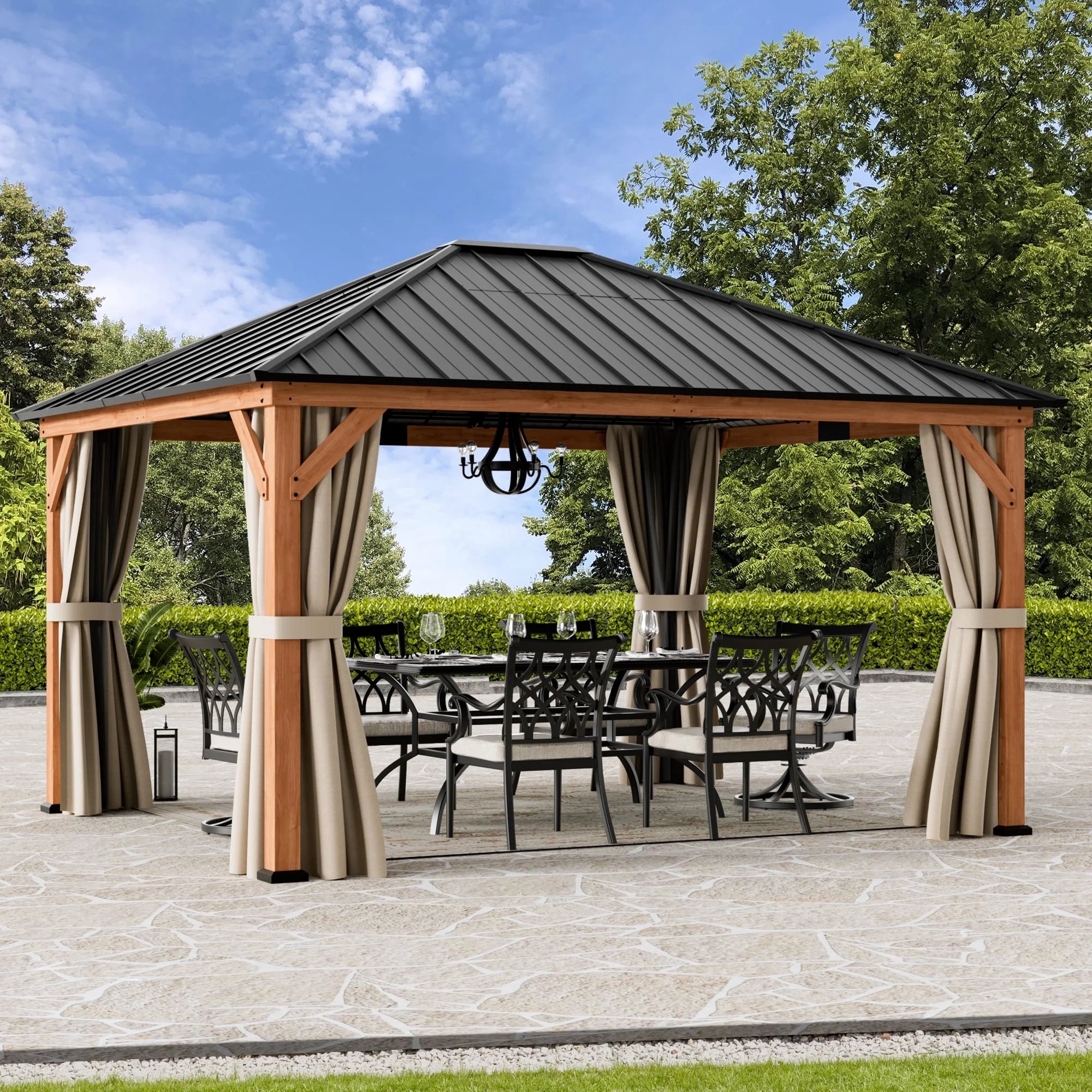 Modern Shade 12x14 Wood Gazebo,Permanent Hardtop Gazebo with Mosquito Net,with Galvanized Steel Roof Hardtop