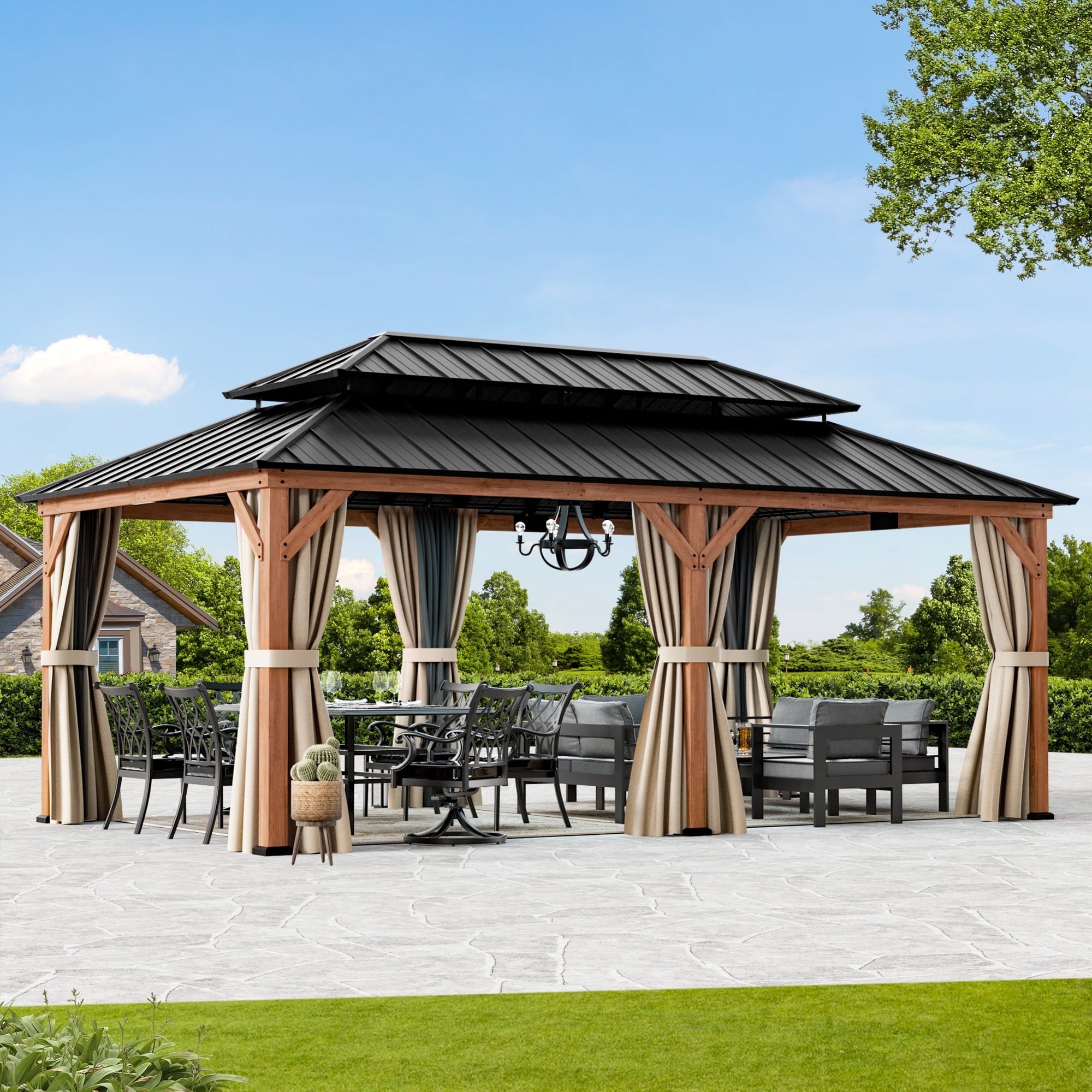 Modern Shade 12x20 Wood Gazebo,Cedar Framed Wooden Hard-Top Gazebo,Double Galvanized Steel Roof,with Mosquito Net