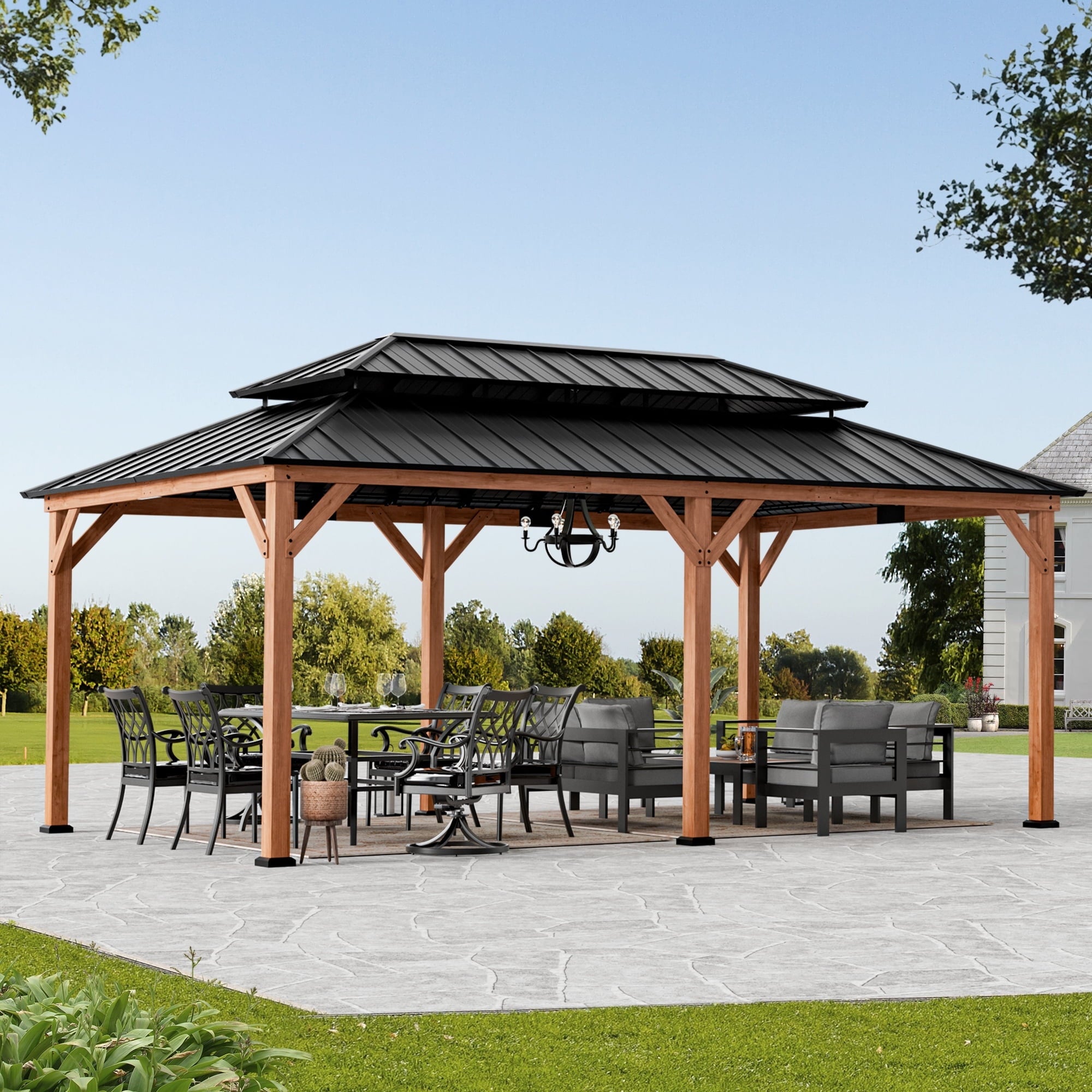 Modern Shade 12x20 Wood Gazebo,Cedar Framed Wooden Hard-Top Gazebo,Double Galvanized Steel Roof
