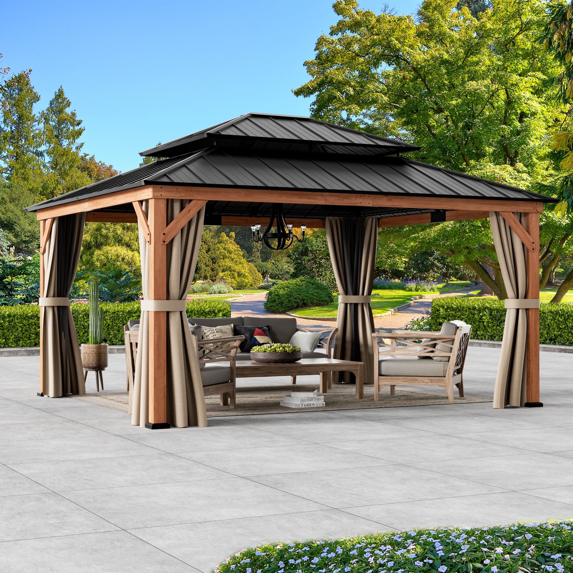 Modern Shade 13x15 Wood Gazebo,Cedar Framed Wooden Hard-Top Gazebo,Double Galvanized Steel Roof,with Mosquito Net