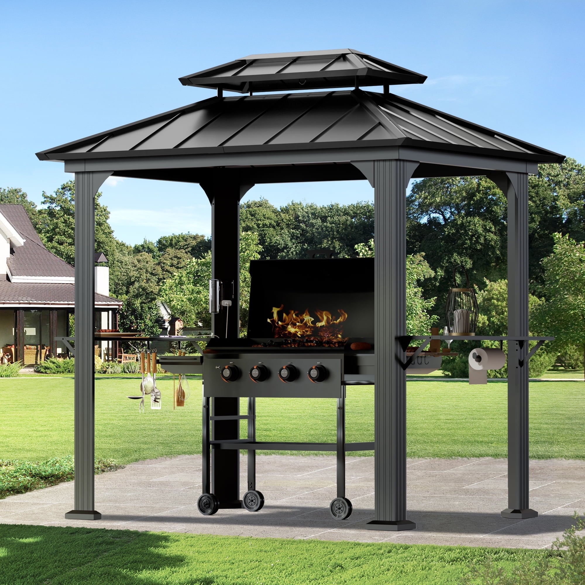 Modern Shade 6’ x 8’ Aluminum Grill Gazebo with Modern Shade Design, Equipped with Shelves, Ceiling Hook, and Galvanized Steel Roof for Enhanced Patio, Lawn, or Backyard Deck BBQ Experience