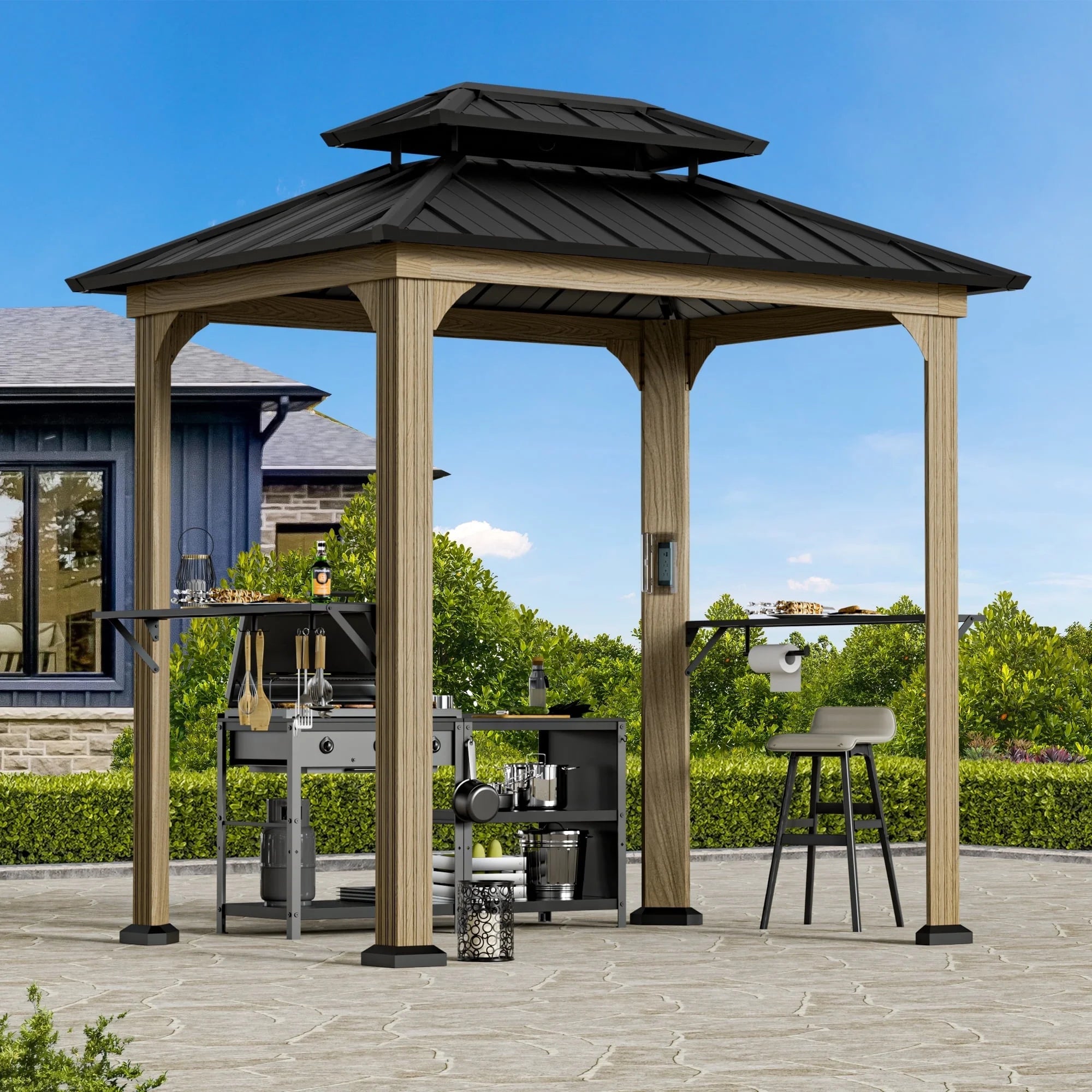 Modern Shade Grill Gazebo 6' X 8', Permanent Aluminum BBQ Gazebos with Shelves and Paper Towel Holder, Grill Canopy with Galvanized Steel Roof, Grill Gazebo with Charging Ports, Wood-Looking