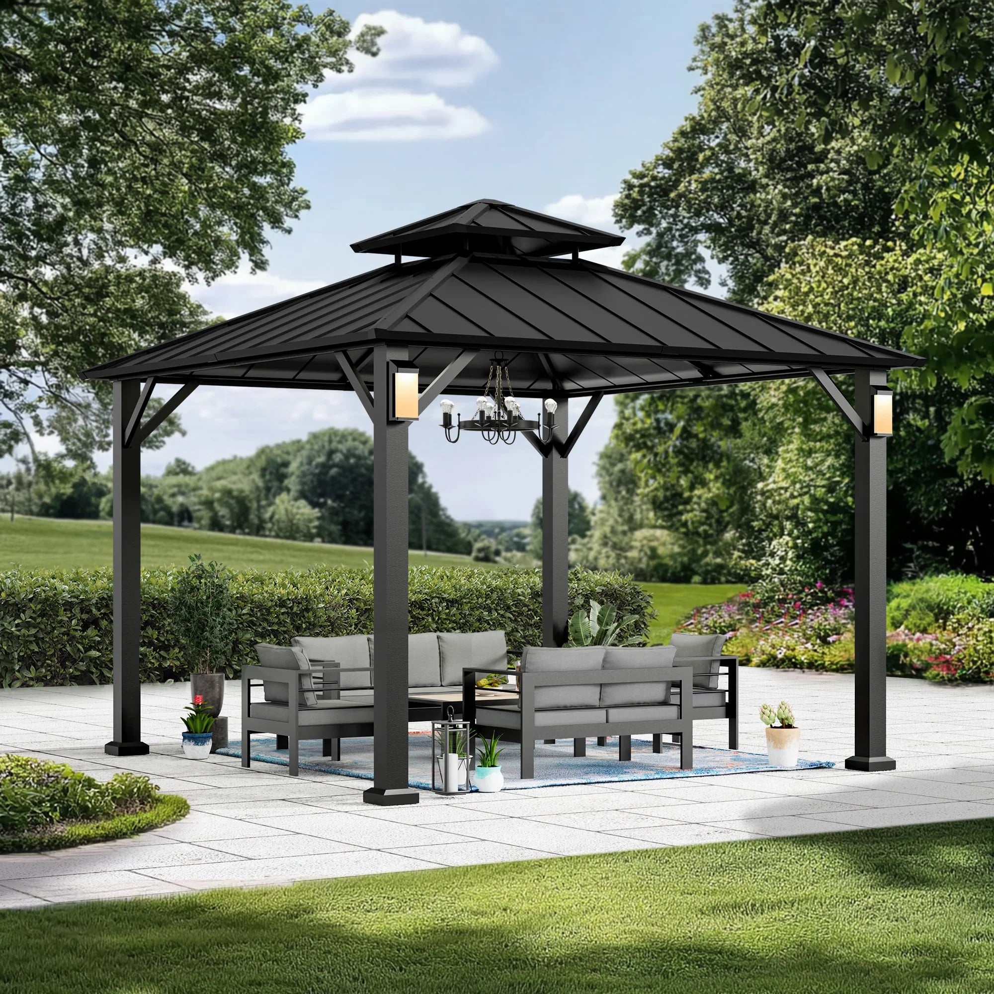 Modern Shade Hardtop Gazebo 10' x 10', Metal Gazebo with 4 LED Lights, Outdoor Gazebo with Galvanized Steel Roof & Frame Patio Gazebo for Backyard, Deck, Garden, Lawn