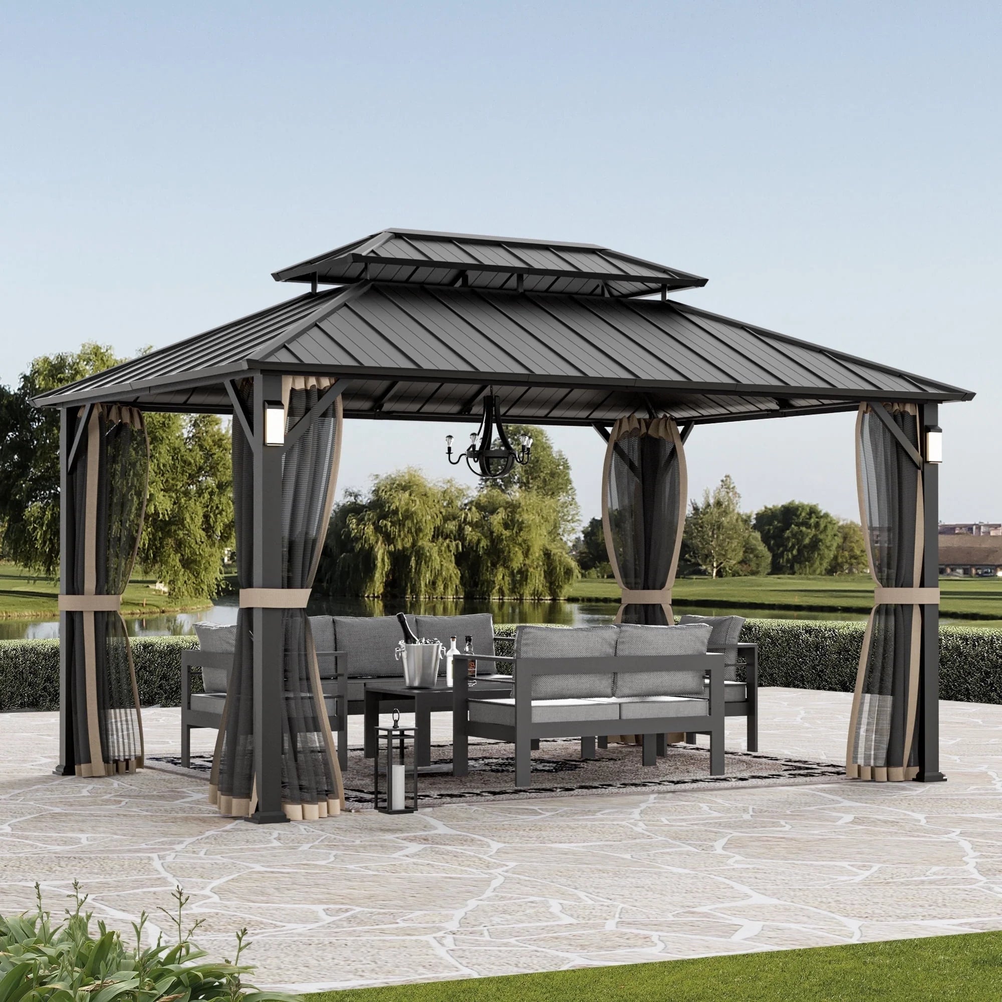 Modern Shade Horizon 10'x14' Hard Top Gazebo W/ Solar LED light