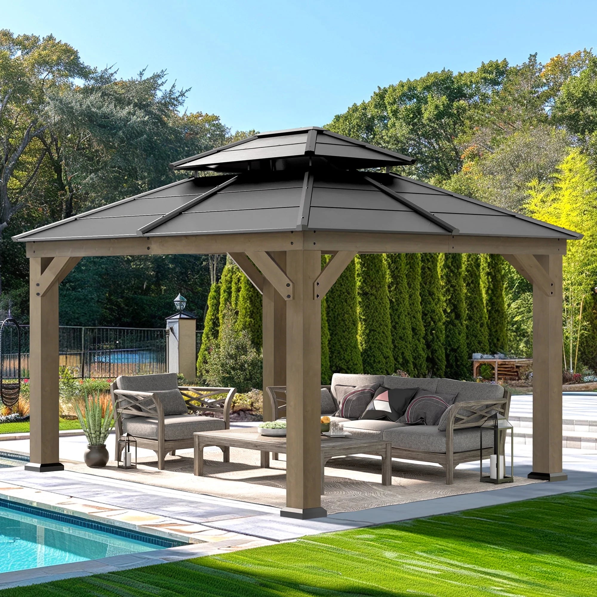 Modern Shade Wood Gazebo 11' x 13', Cedar Framed Wooden Gazebo with Double Galvanized Steel Roof, Hardtop Gazebo with Sturdy Hooks for Garden, Backyard patio and Deck
