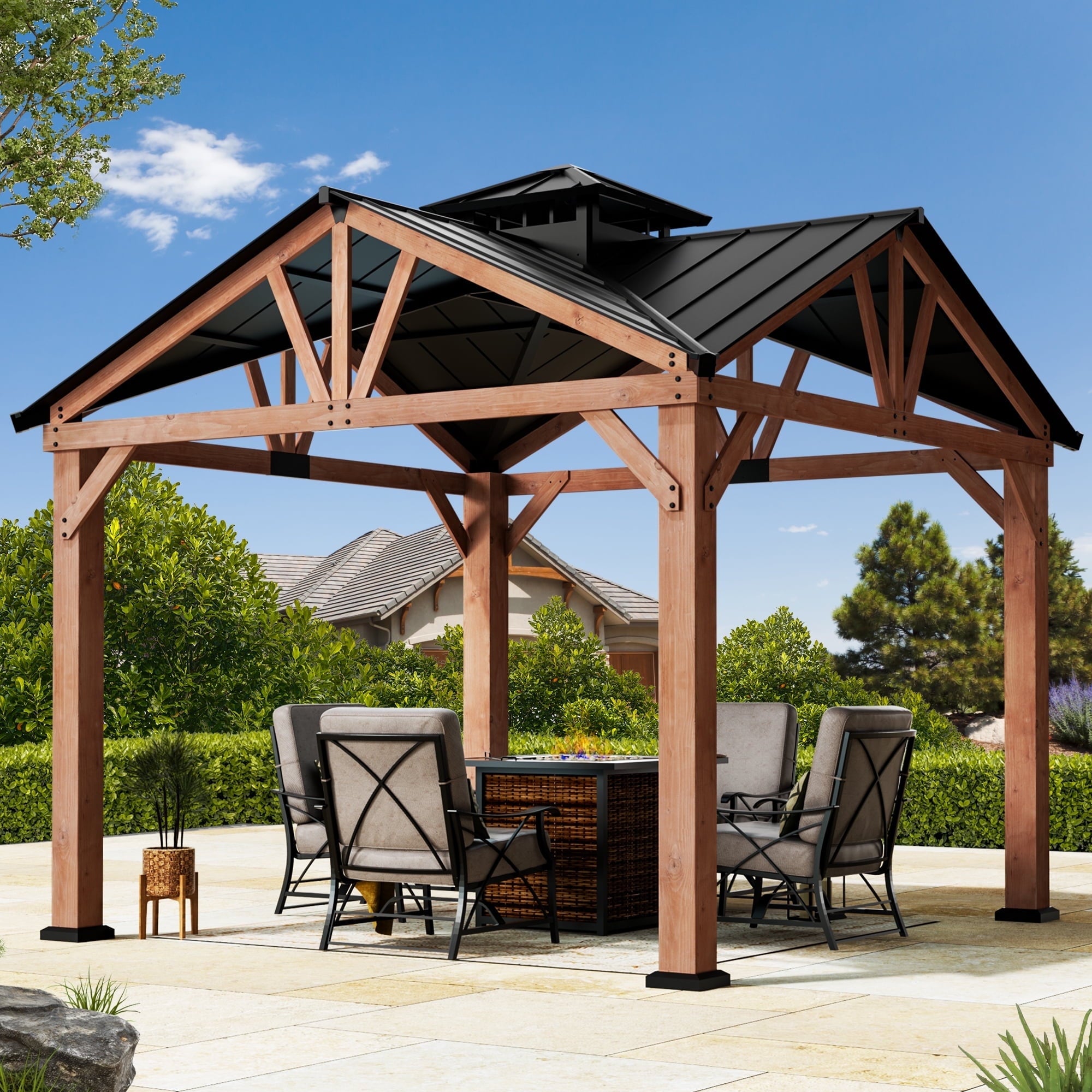 Modern Shade Wood Gazebo 12’x12’, Heavy Duty Hardtop Gazebo with Steel Roof, Water Resistant, Wind Resistant, Perfect for Your Permanent Outdoor Pavilion, Solid Wood Framed Gazebo, Cedar Gazebo