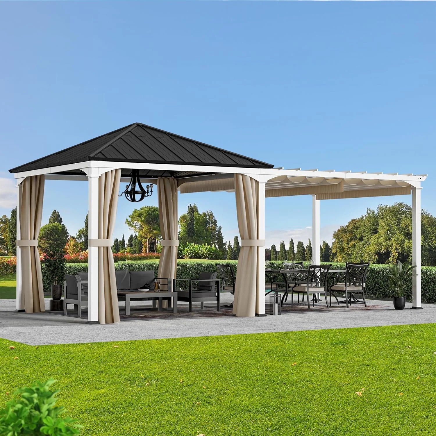 ModernShade 10'x20' Pergola Hybrid Gazebo with Adjustable Shade Fabric,Hardtop Roof,Privacy Curtains,Black and White