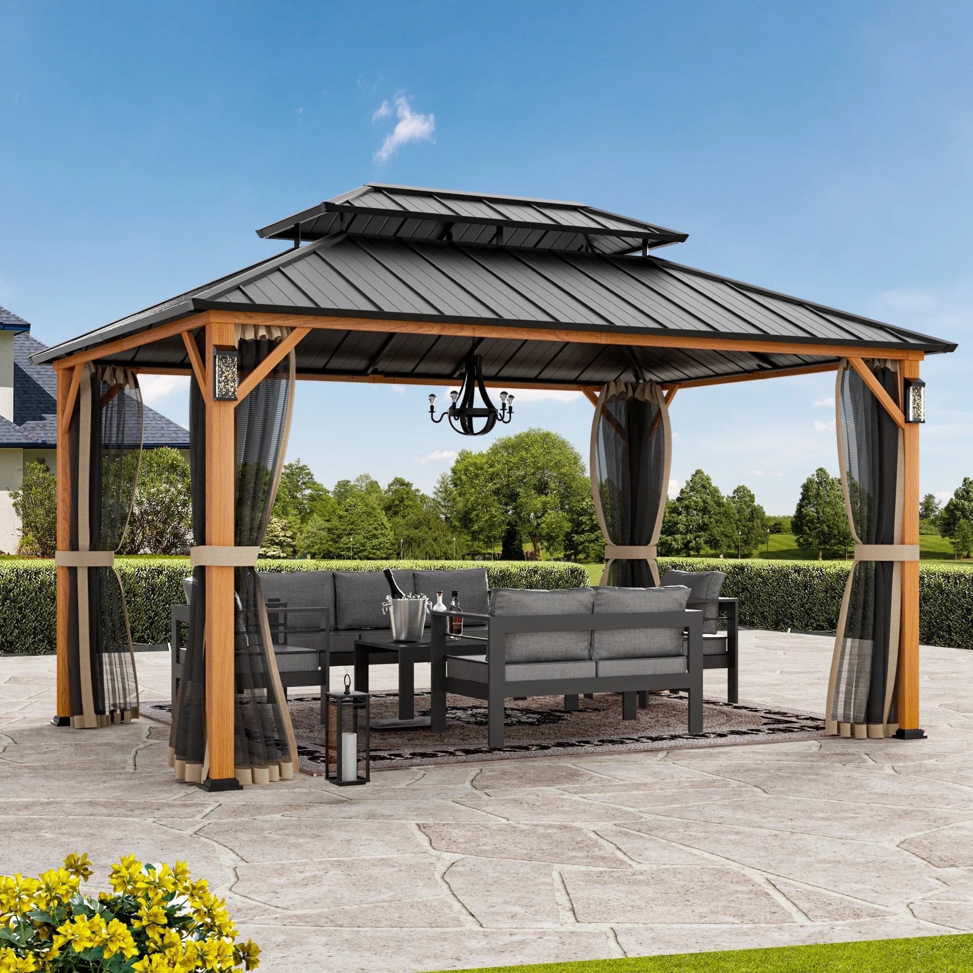 Modren Shape Horizon 10'x14' Hard Top Gazebo W/ Solar LED light