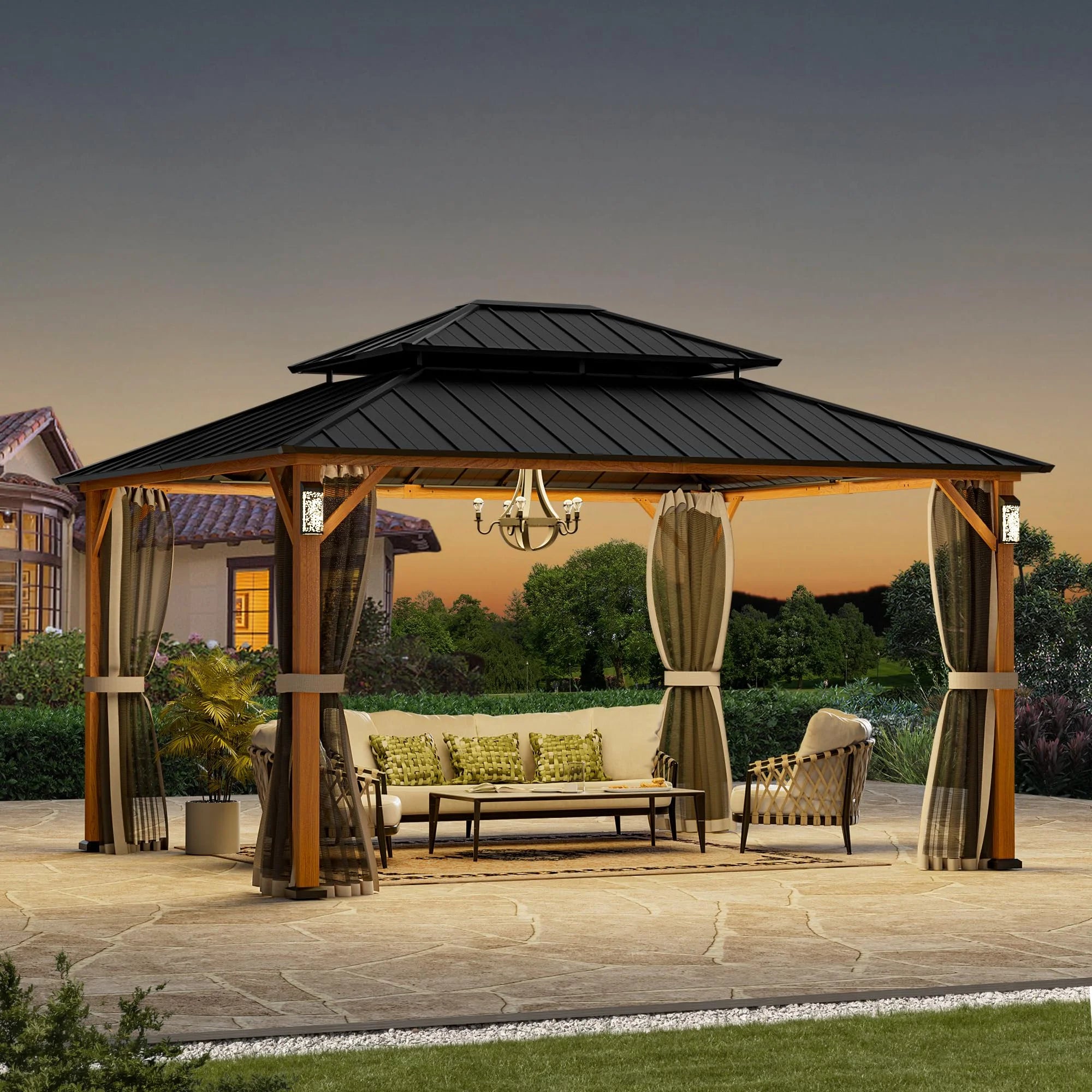 Modren Shape Horizon 12'x14' Hard Top Gazebo W/ Solar LED light