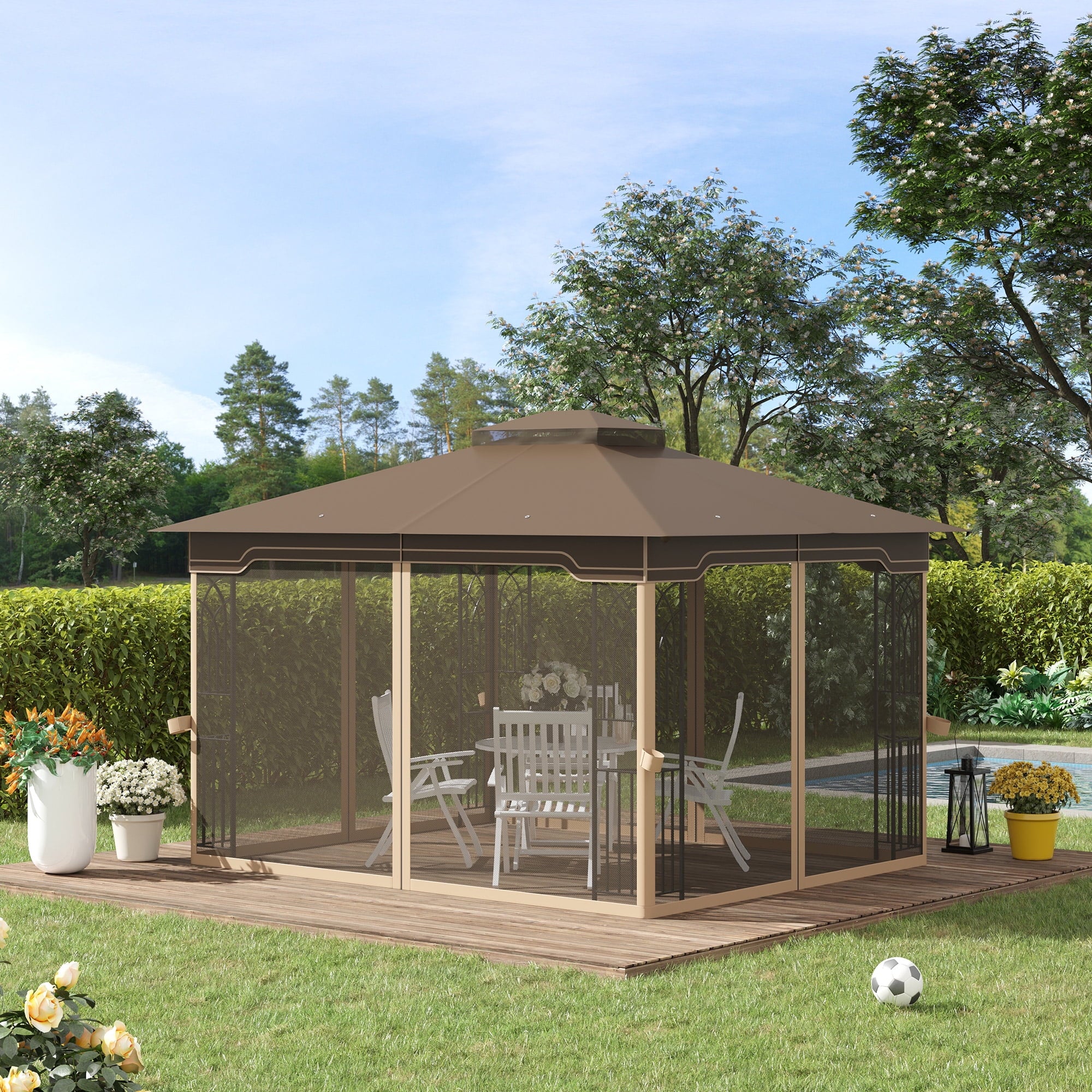 Covered Outdoor 11x13 Patio Gazebo Canopy Tent,Pop Up Gazebo with LED Lighting,Soft-Top Dual Roof Design