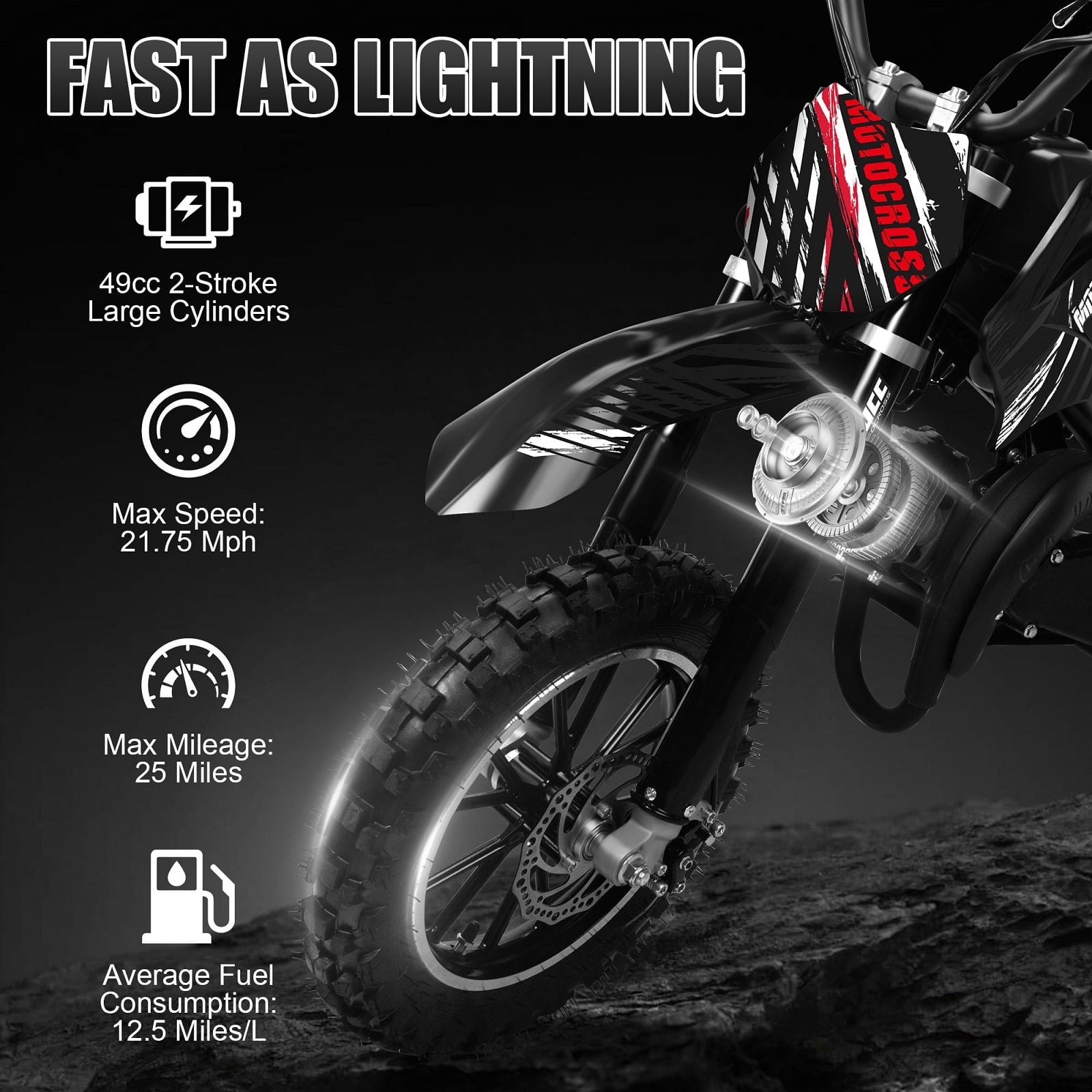 Ktoebyco 49cc Kids Mini Dirt Bike, 2-Stroke Gas-Powered Motorcycle, 1.5L Fuel Capacity, Black