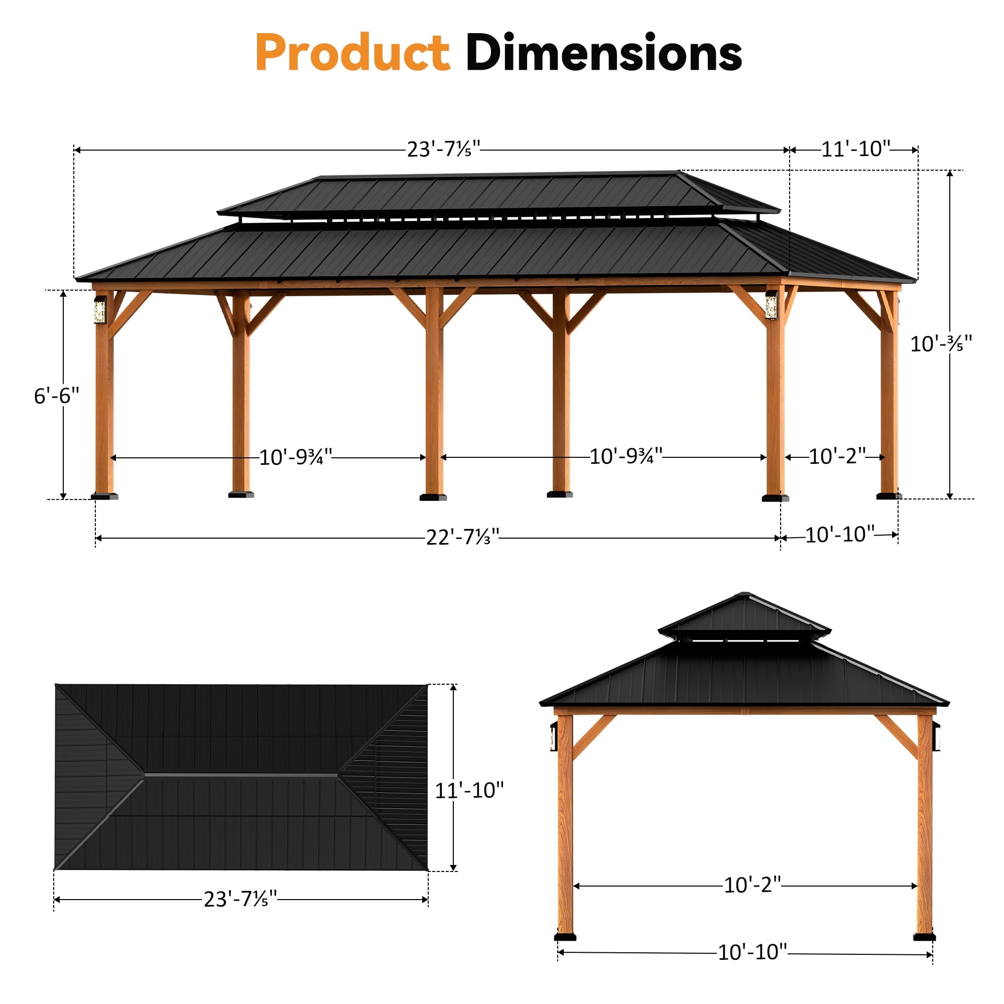 Modern Shade Horizon 12' x 24' Hardtop Gazebo with LED Lights, Double Roof & Curtains