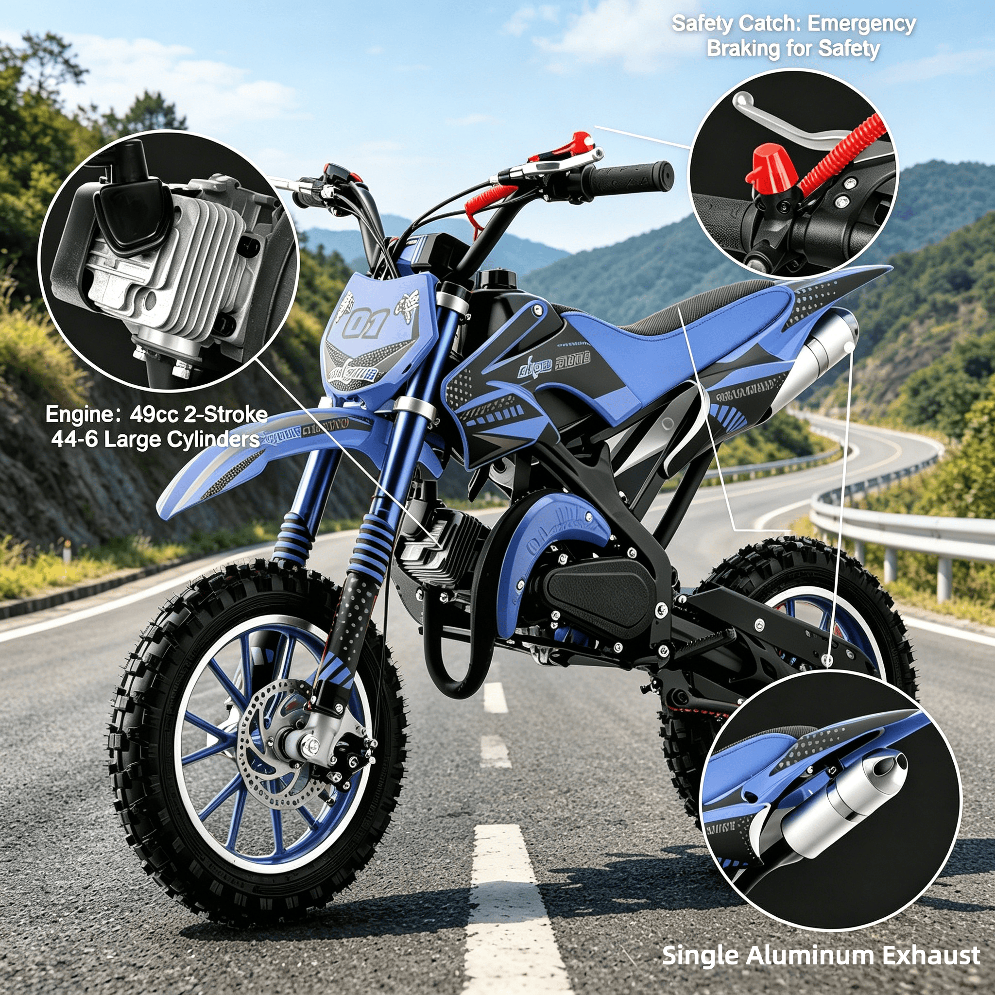Ktoebyco 49cc Kids Dirt Bike, Gasoline Powered 2-Stroke Mini Motorcycle, 1-Seater, 1.5L Fuel Capacity, Blue