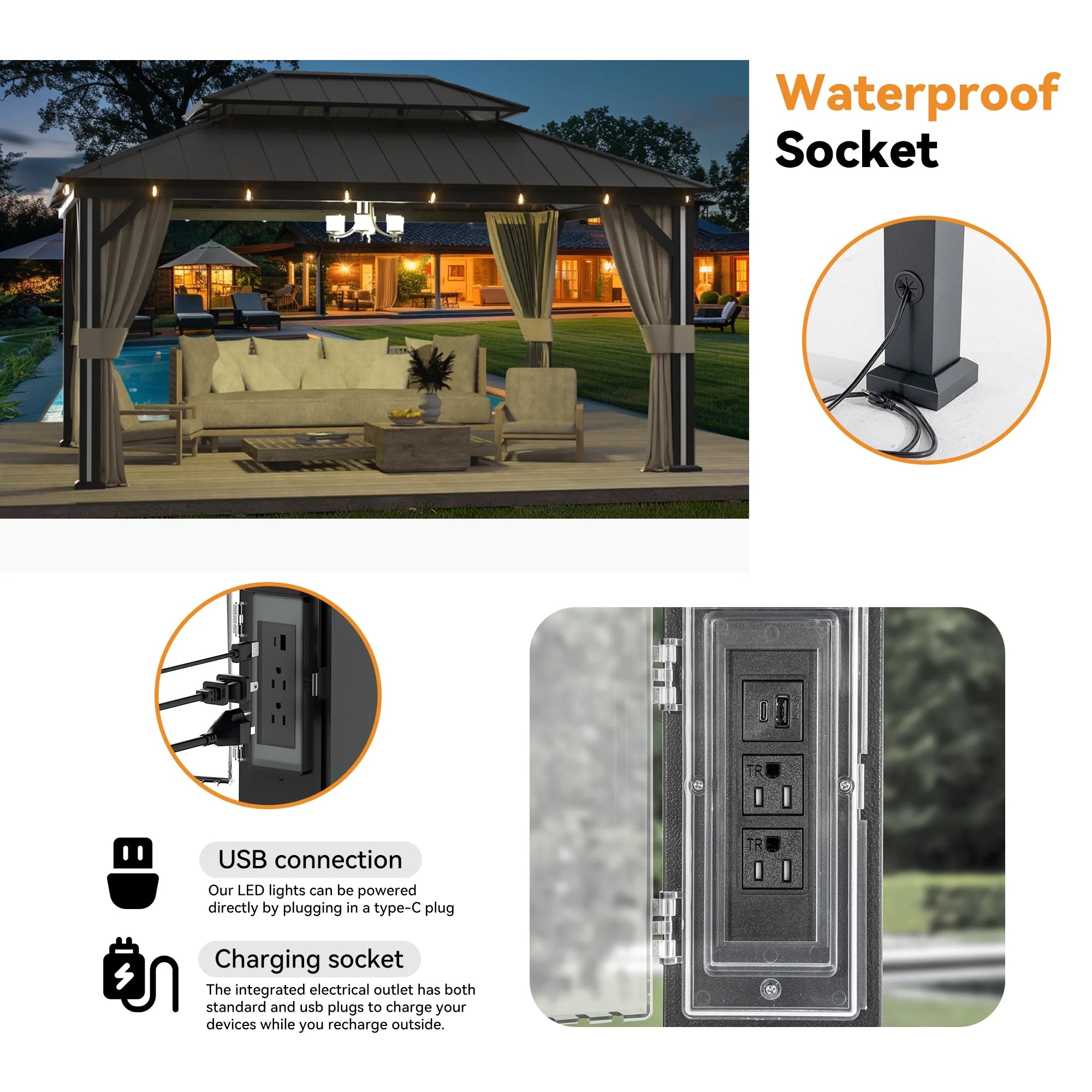 Modern Shade Permanent Hardtop Gazebo 12' x 16' with 4 LED Lights, Outdoor Gazebo with Double Roof, Aluminum Frame, Patio Gazebo with USB Charging Port Deck, Mosquito Netting and Curtains, Black