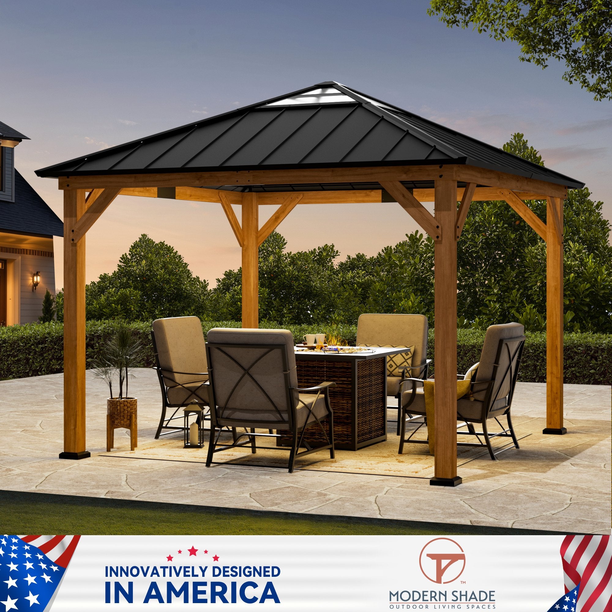 Modern Shade 11x11 Wood Gazebo,Permanent Hardtop Gazebo with Sunshine Board,with Galvanized Steel Roof Hardtop