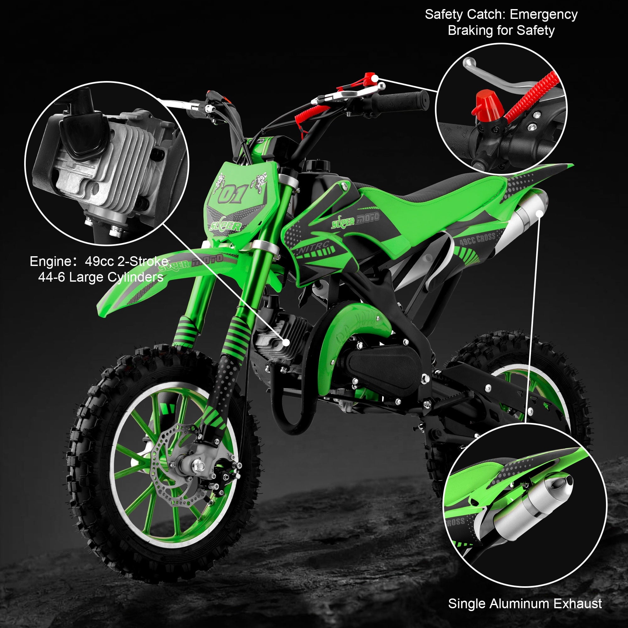 Ktoebyco 49cc Kids Mini Dirt Bike, 2-Stroke Gas-Powered Motorcycle, 1.5L Fuel Capacity,Green