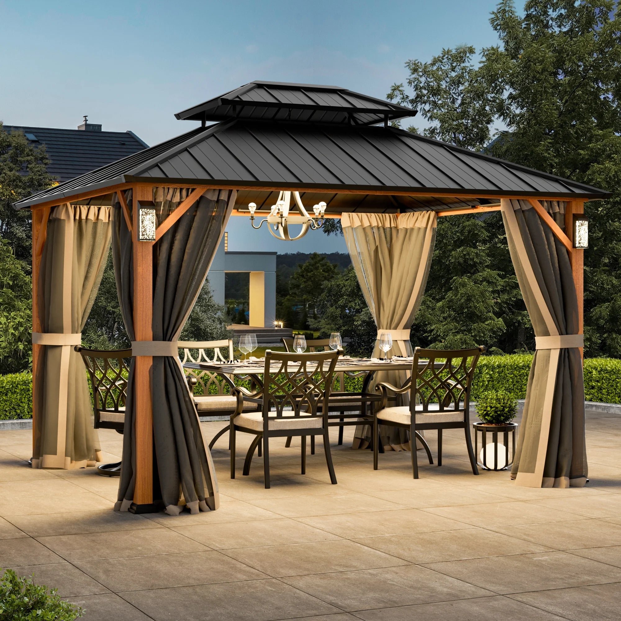 FONA Modern Shade 10'x12' Wood-Look Hardtop Gazebo with LED Lights,Double Roof & Netting