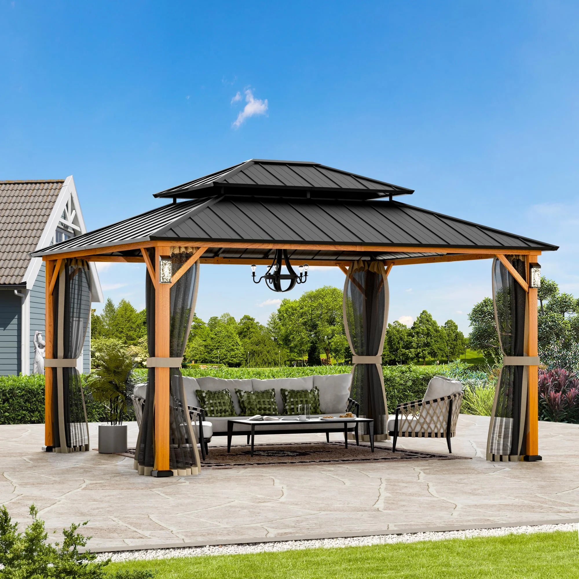 Modren Shape Horizon 12'x14' Hard Top Gazebo W/ Solar LED light