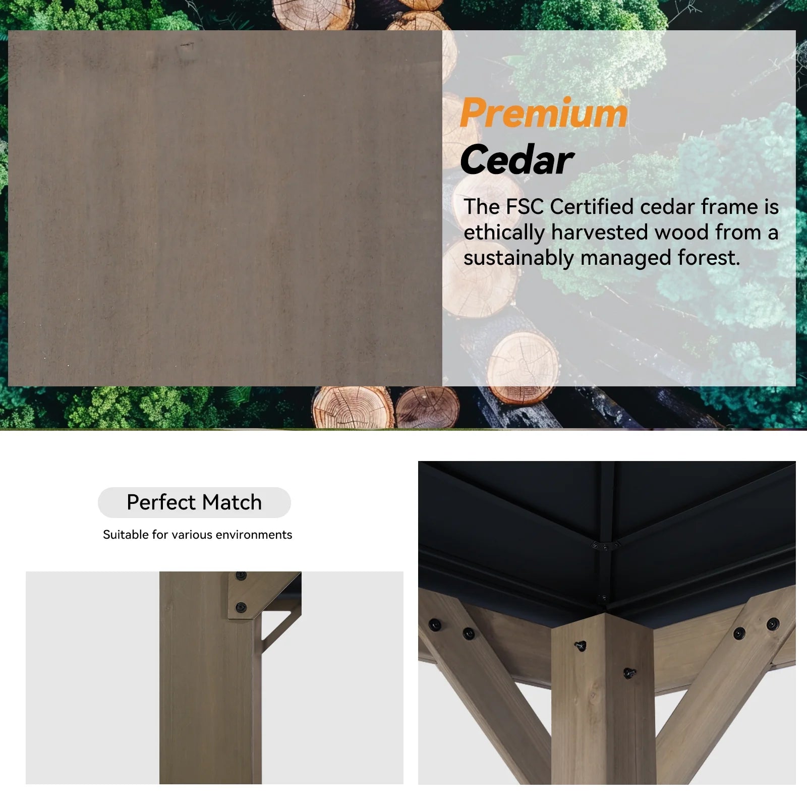 Modern Shade Wood Gazebo 11' x 13', Cedar Framed Wooden Gazebo with Double Galvanized Steel Roof, Hardtop Gazebo with Sturdy Hooks for Garden, Backyard patio and Deck