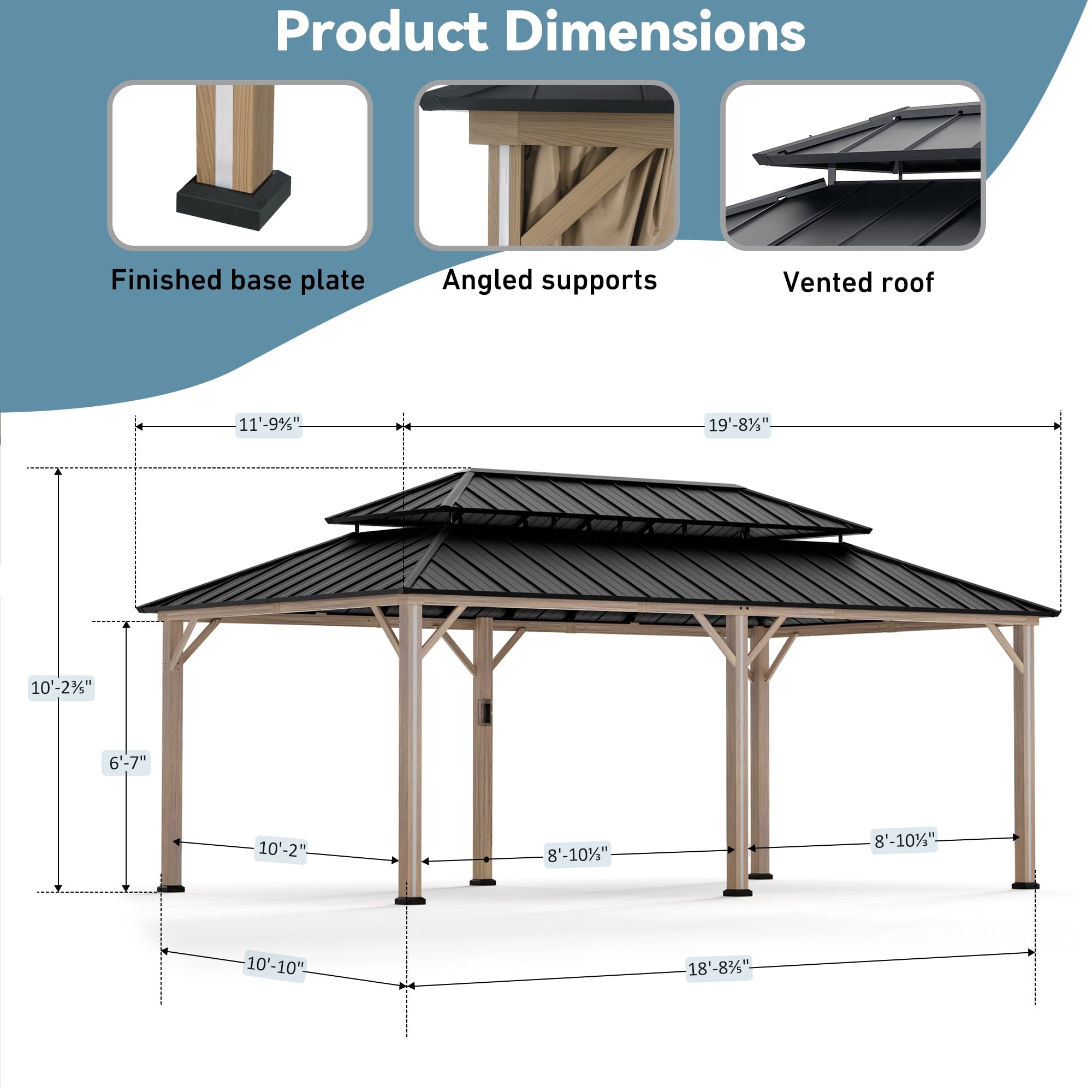 FONA 12'x20' Steel Roof Gazebo w/ 6 LED Lights,Curtains,Netting&USB Charging Port,Black