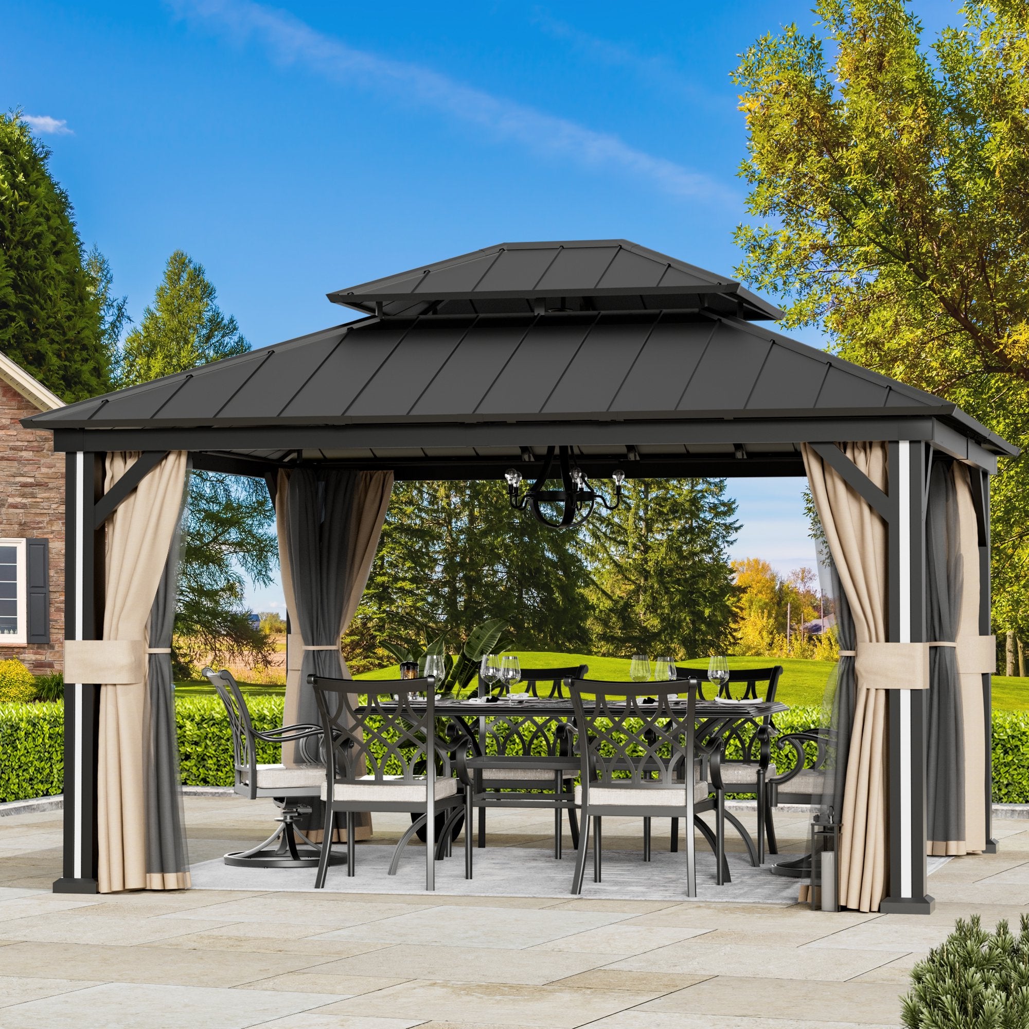 FONA 12'x14' Aluminum Hardtop Gazebo with LED Lights,Netting,Curtains & USB Port,Black