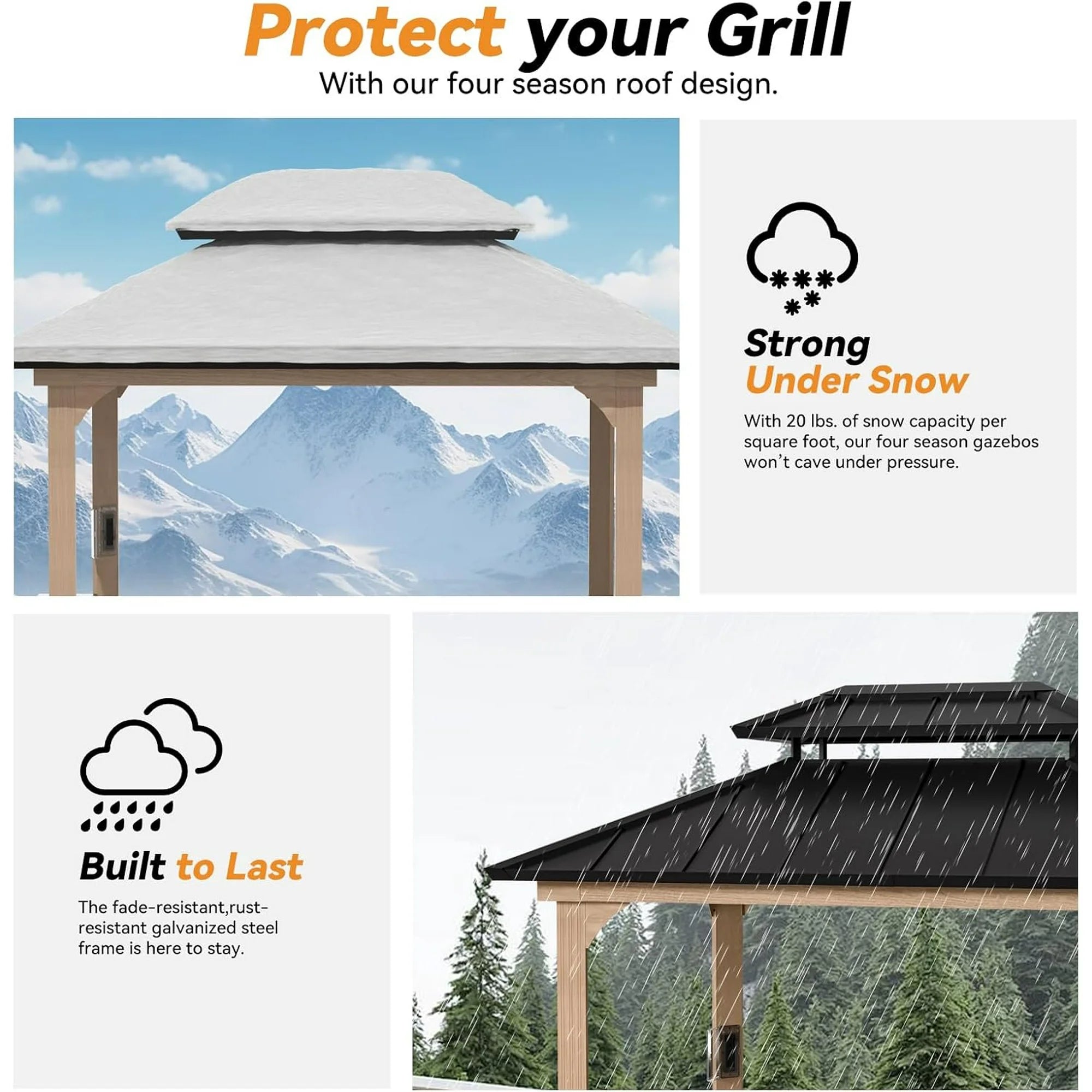 Modern Shade Grill Gazebo 6' X 8', Permanent Aluminum BBQ Gazebos with Shelves and Paper Towel Holder, Grill Canopy with Galvanized Steel Roof, Grill Gazebo with Charging Ports, Wood-Looking