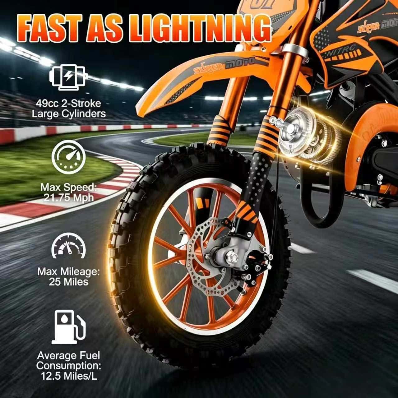 Ktoebyco 49cc Mini Dirt Bike for Kids, 2-Stroke off Road Gasoline Motorcycle,1.5L Fuel Capacity,Orange