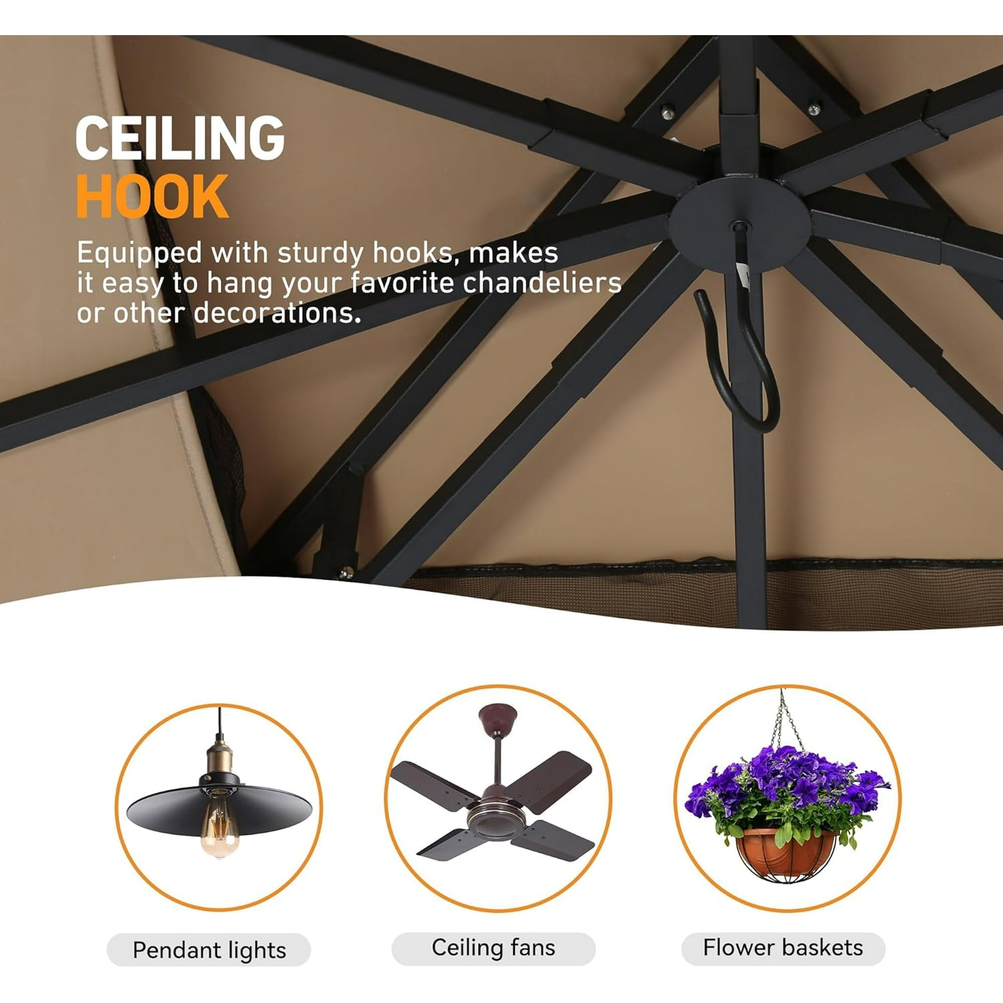 Covered Outdoor Patio Gazebo 11'x11' with Netting, Outdoor Gazebo with Stable Frame, Gazebo Tent with Double Roofs and Ceiling Hooks, Pop Up Canopy Tent for Patio Lawn (Brown)