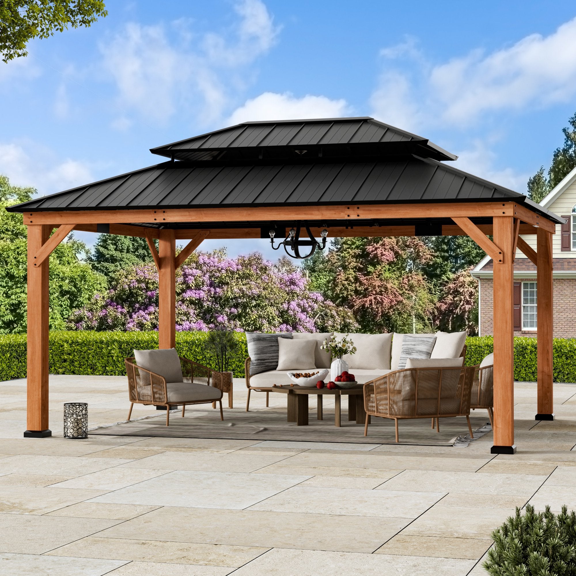 FONA 12'x16' Rosewood Cedar Grill Gazebo,Double Galvanized Steel Roof & Sturdy Hooks for Backyard