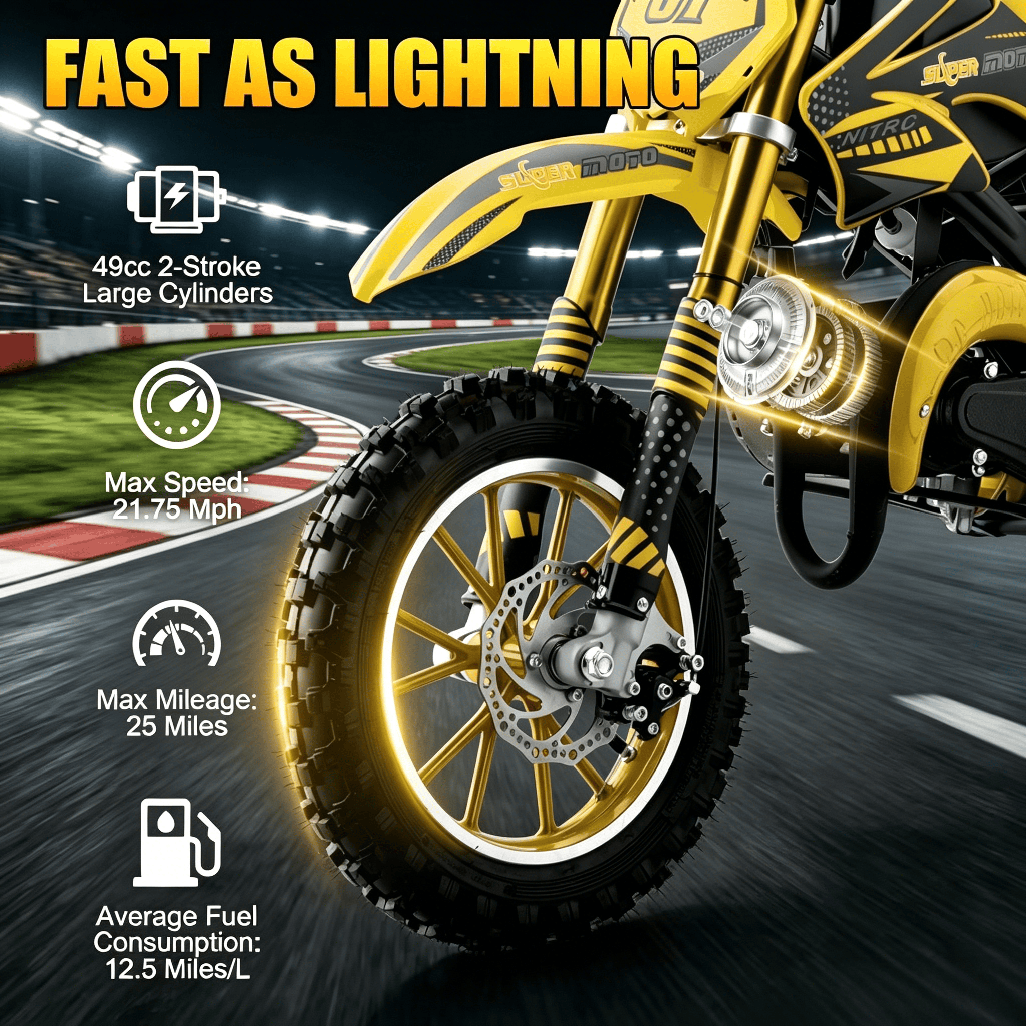 Ktoebyco 49cc Kids Dirt Bike, Gasoline Powered 2-Stroke Mini Motorcycle, 1-Seater, 1.5L Fuel Capacity, Yellow