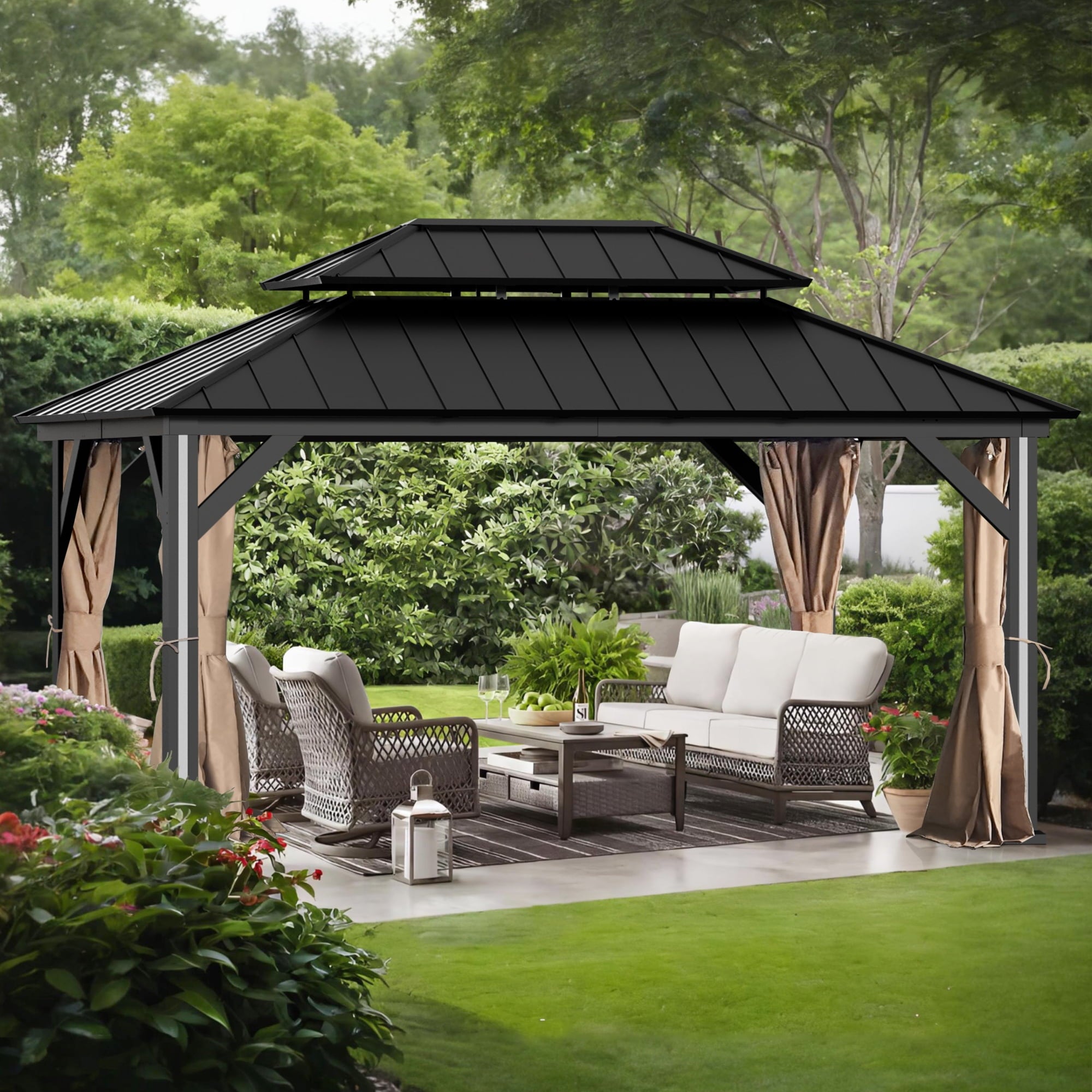 Covered Outdoor Gazebo Curtain Replacement Universal 4-Panel Sidewalls 12' x 16', Outdoor Gazebo Privacy Curtains with Zipper (Curtain Only)